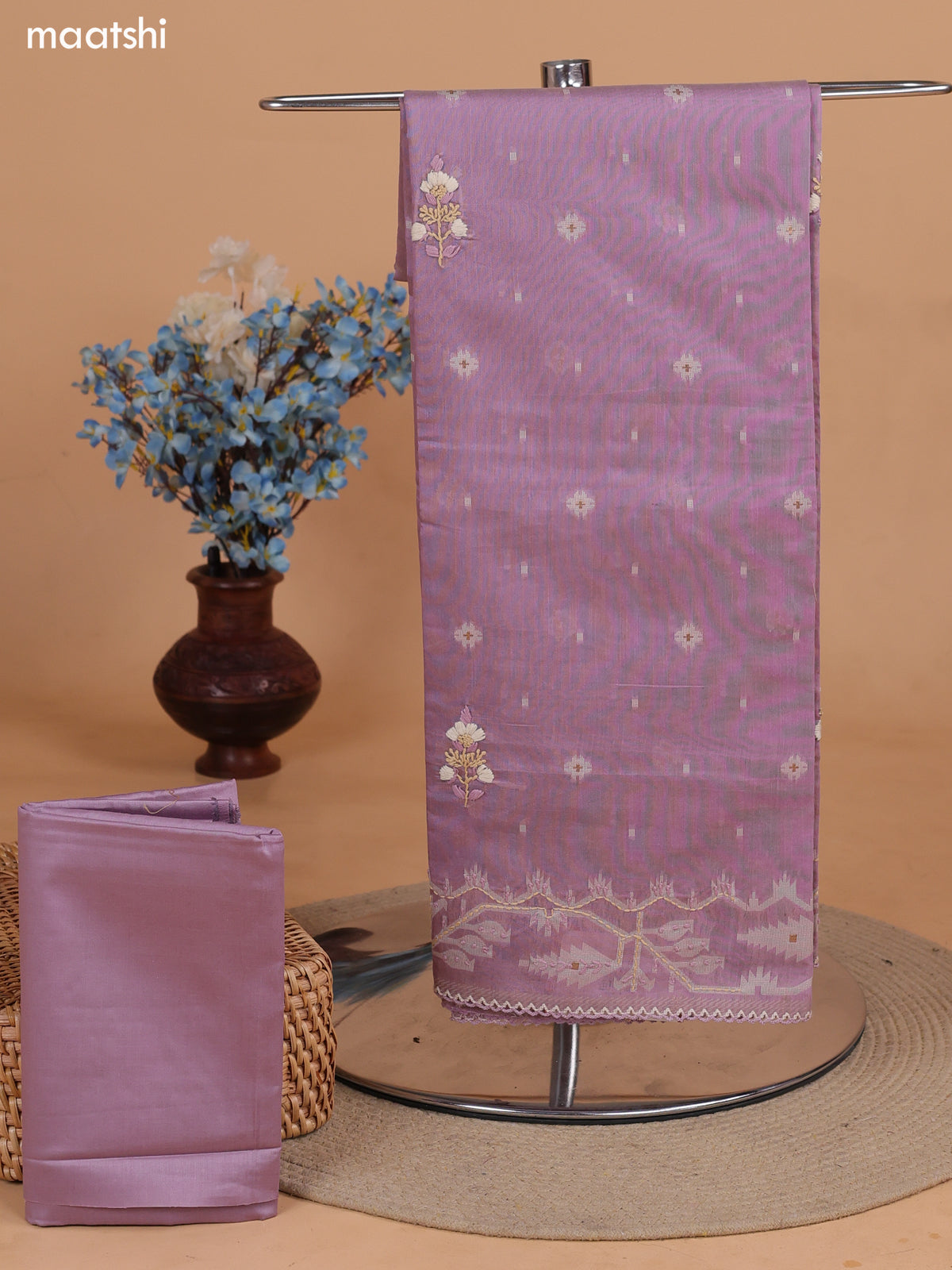 Lavender Chanderi Dress Material With Thread Buttas & Kantha Stitch Work Border and Bottom & Dupatta