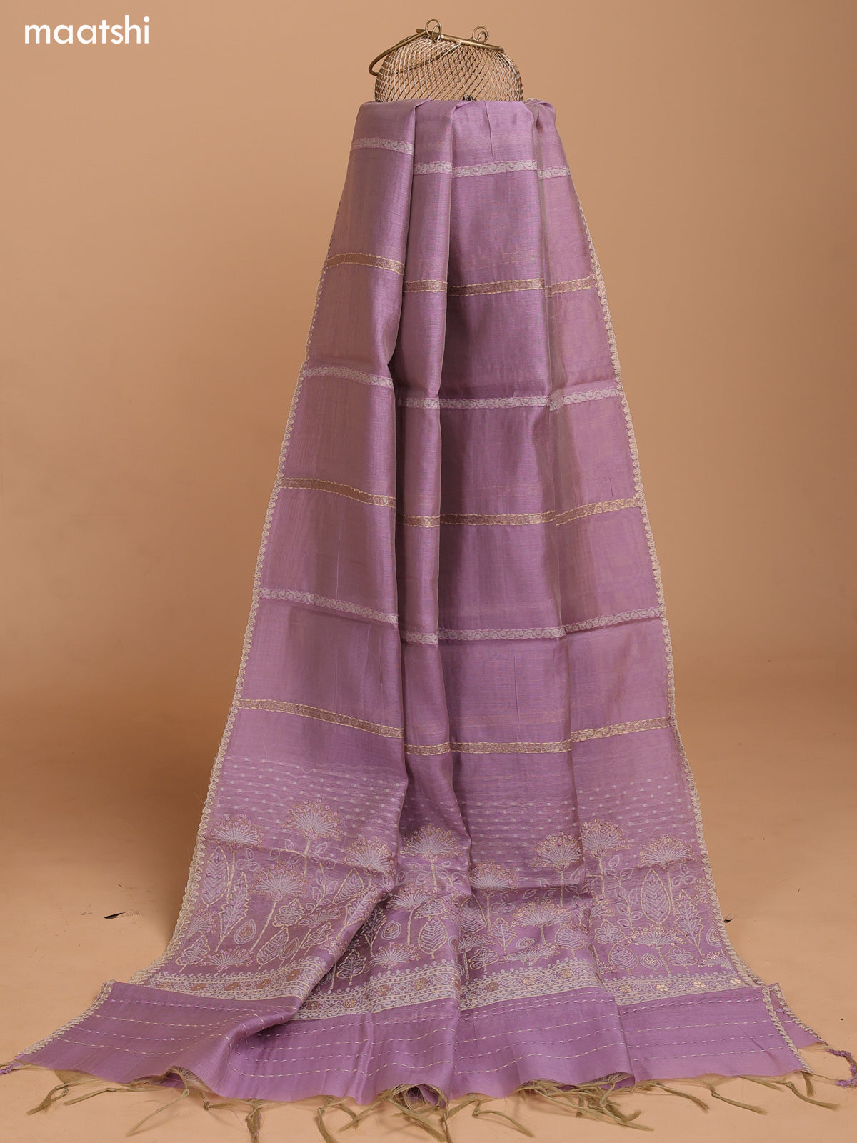 Lavender Chanderi Dress Material With Thread Buttas & Kantha Stitch Work Border and Bottom & Dupatta