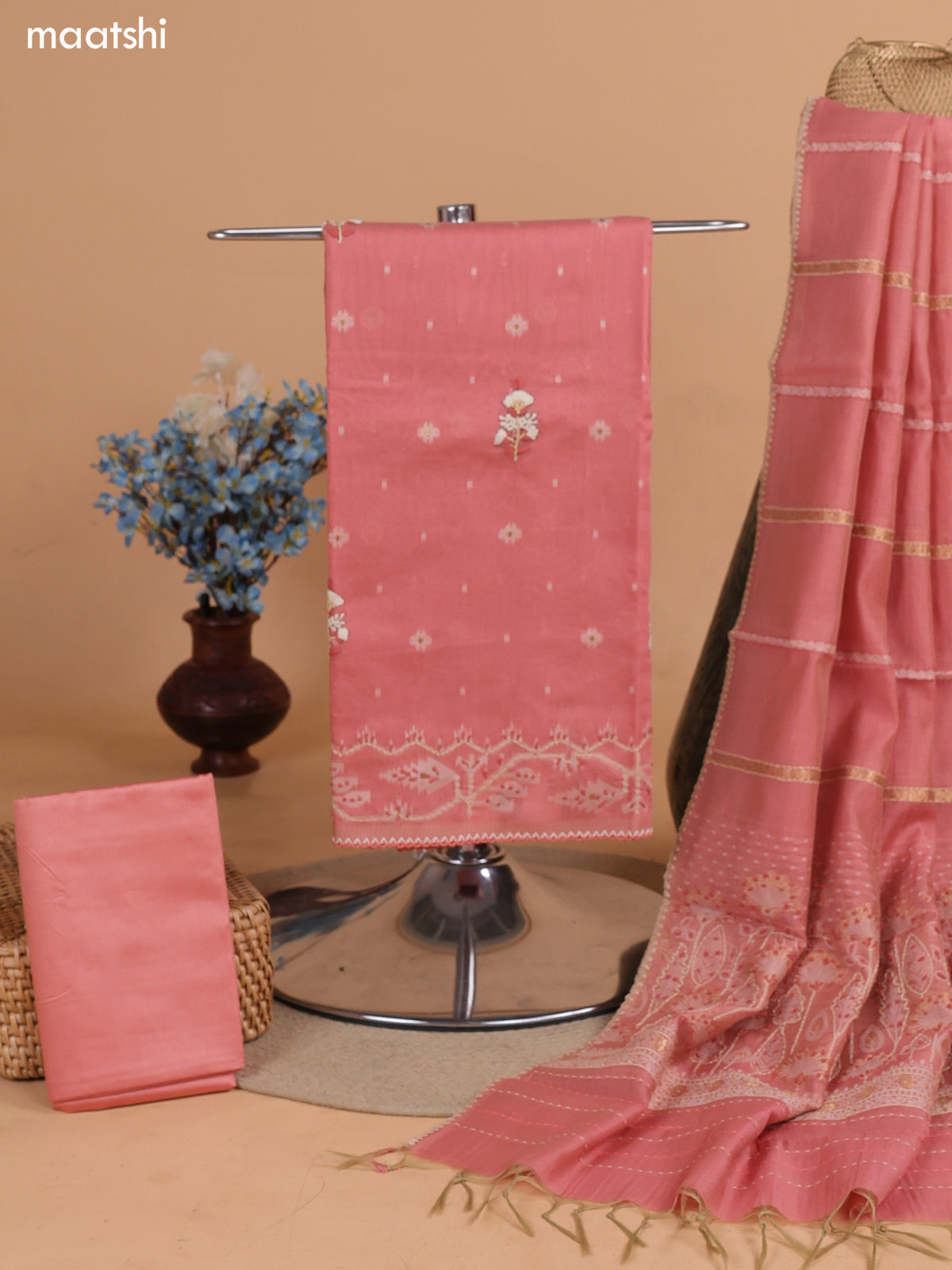 Dark Peach Chanderi Dress Material With Thread Buttas & Kantha Stitch Work Border and Bottom & Dupatta