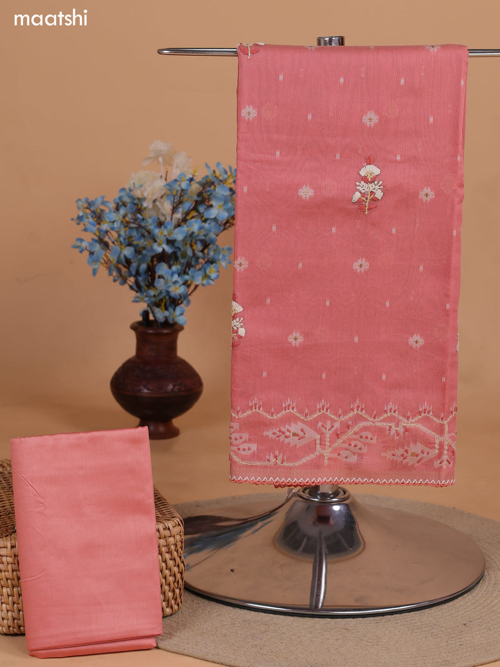 Dark Peach Chanderi Dress Material With Thread Buttas & Kantha Stitch Work Border and Bottom & Dupatta