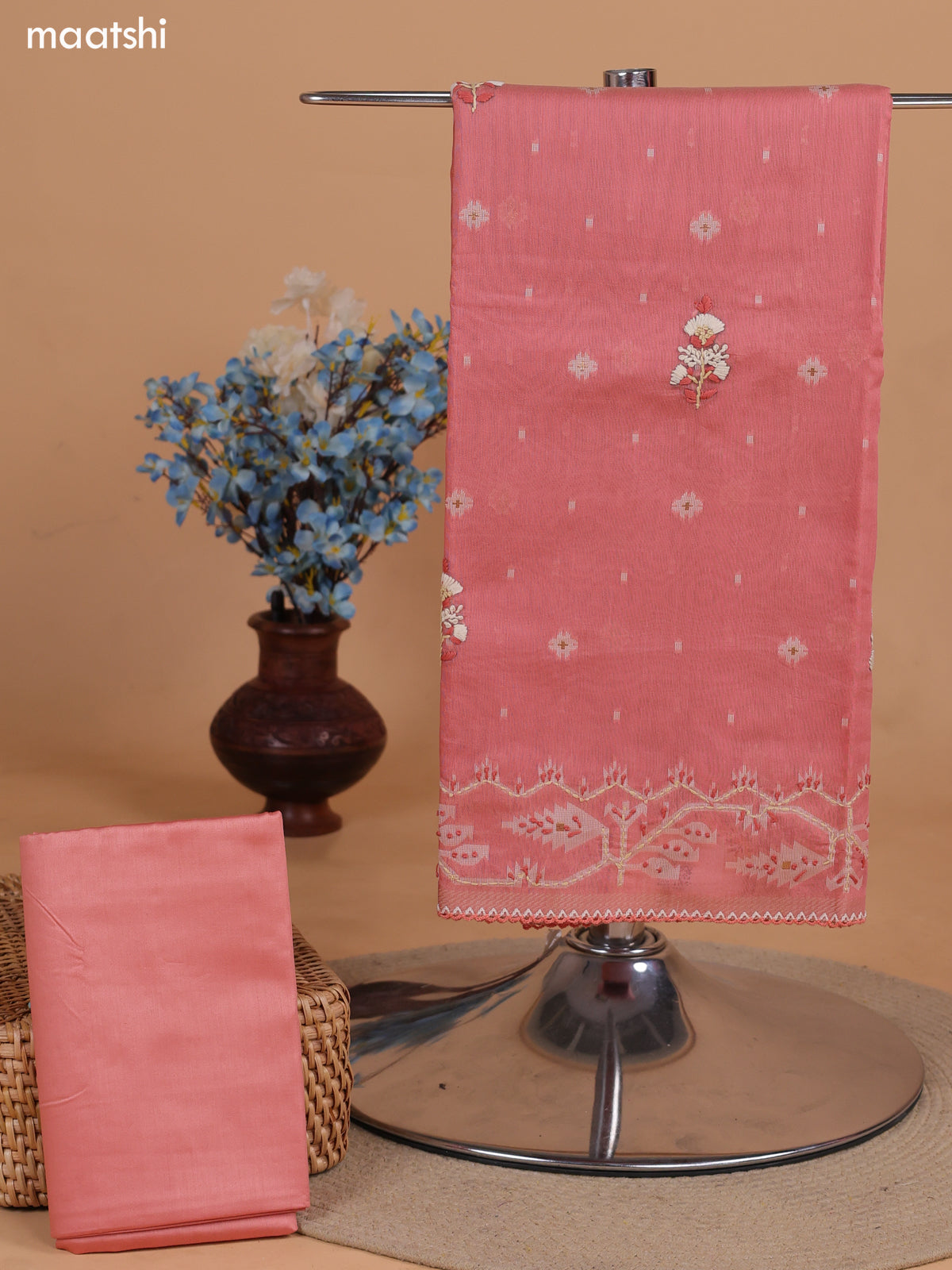 Dark Peach Chanderi Dress Material With Thread Buttas & Kantha Stitch Work Border and Bottom & Dupatta