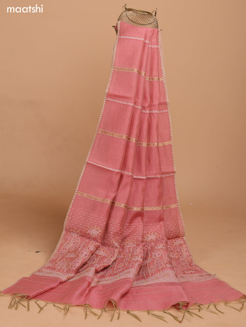 Dark Peach Chanderi Dress Material With Thread Buttas & Kantha Stitch Work Border and Bottom & Dupatta