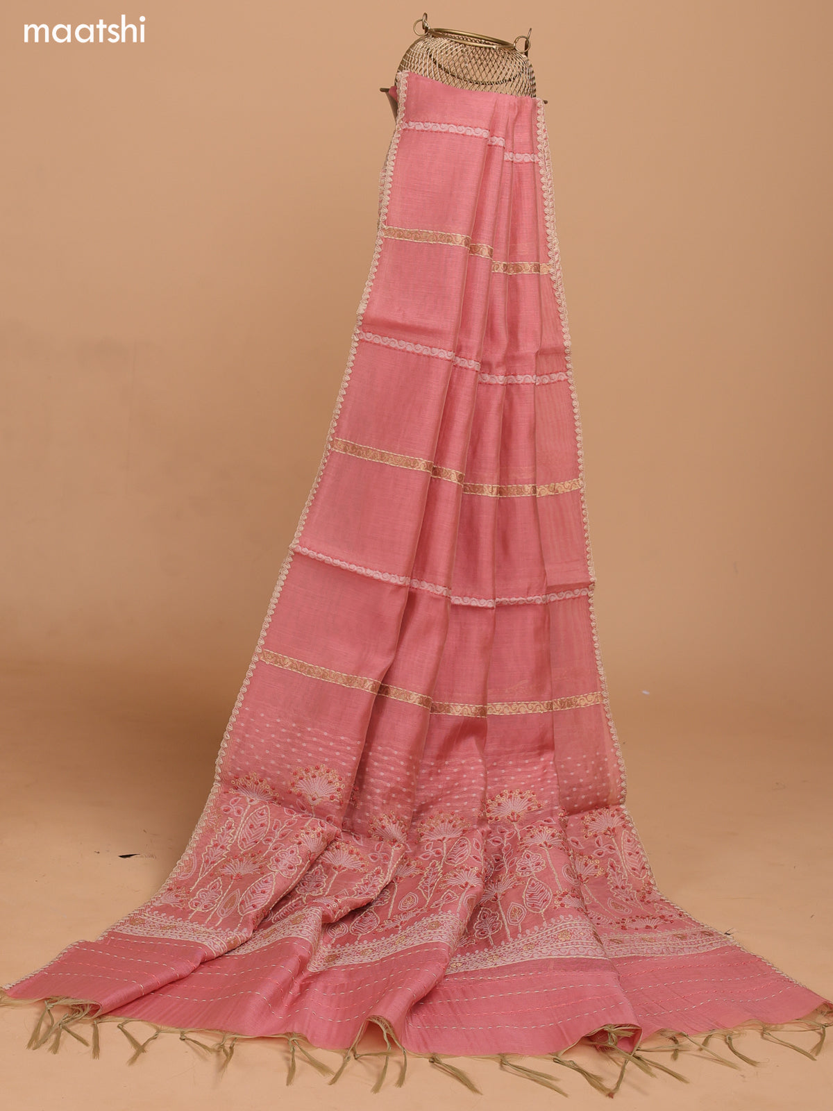 Dark Peach Chanderi Dress Material With Thread Buttas & Kantha Stitch Work Border and Bottom & Dupatta