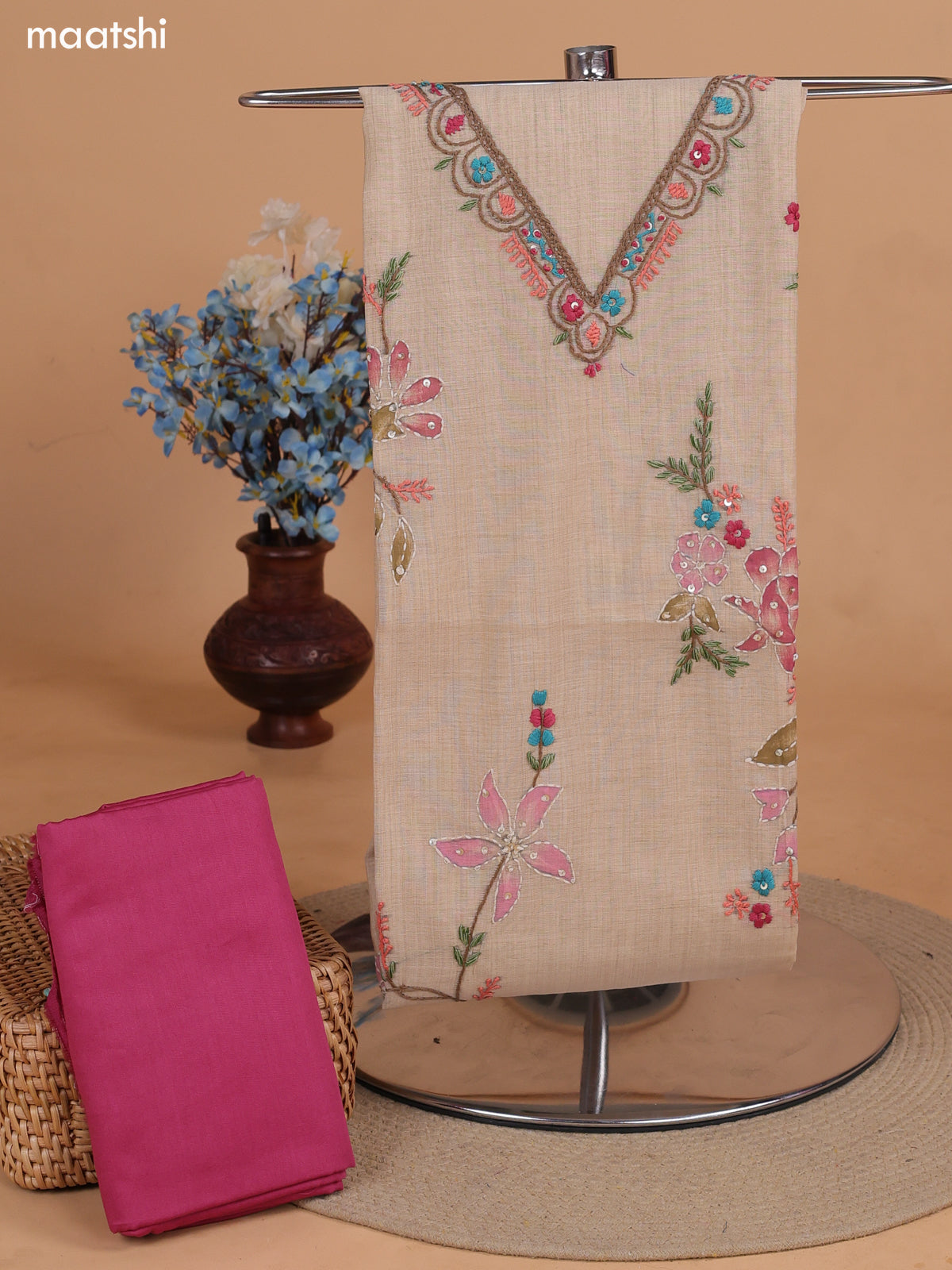 Sandal and Magenta Pink Chanderi Dress Material With Kantha Stitch Work Pattern and Bottom & Dupatta