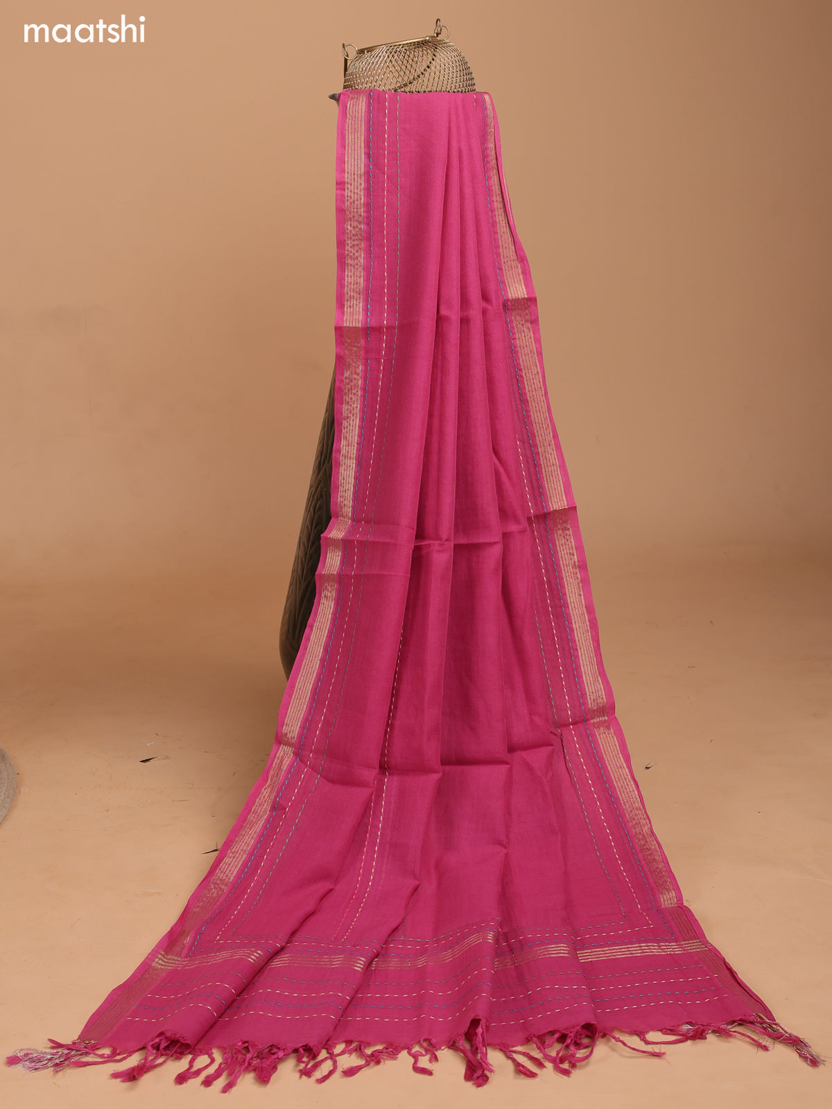 Sandal and Magenta Pink Chanderi Dress Material With Kantha Stitch Work Pattern and Bottom & Dupatta