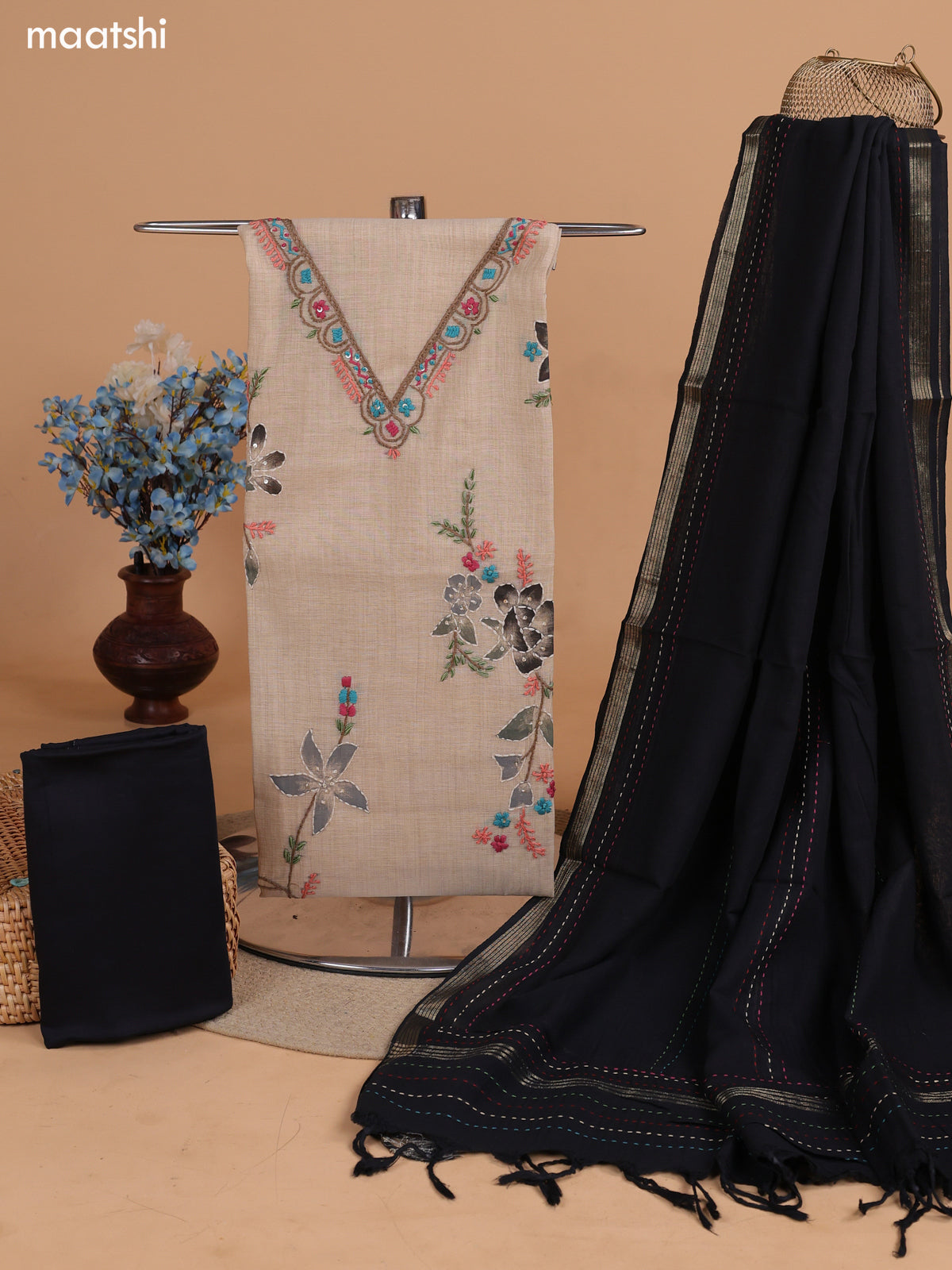 Sandal and Black Chanderi Dress Material With Kantha Stitch Work Pattern and Bottom & Dupatta