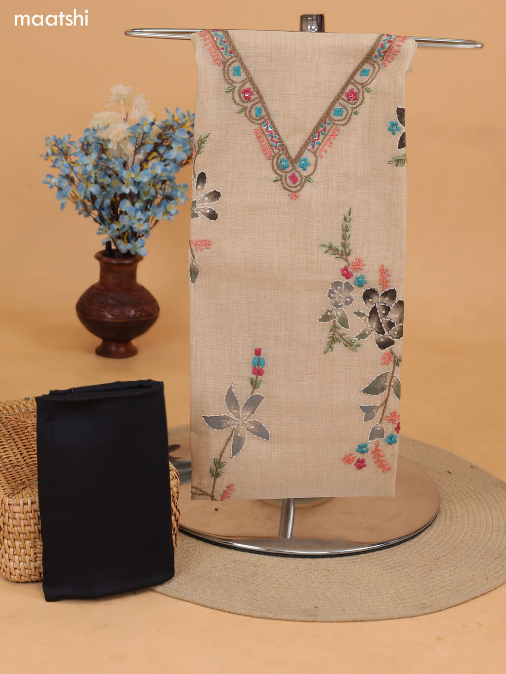 Sandal and Black Chanderi Dress Material With Kantha Stitch Work Pattern and Bottom & Dupatta
