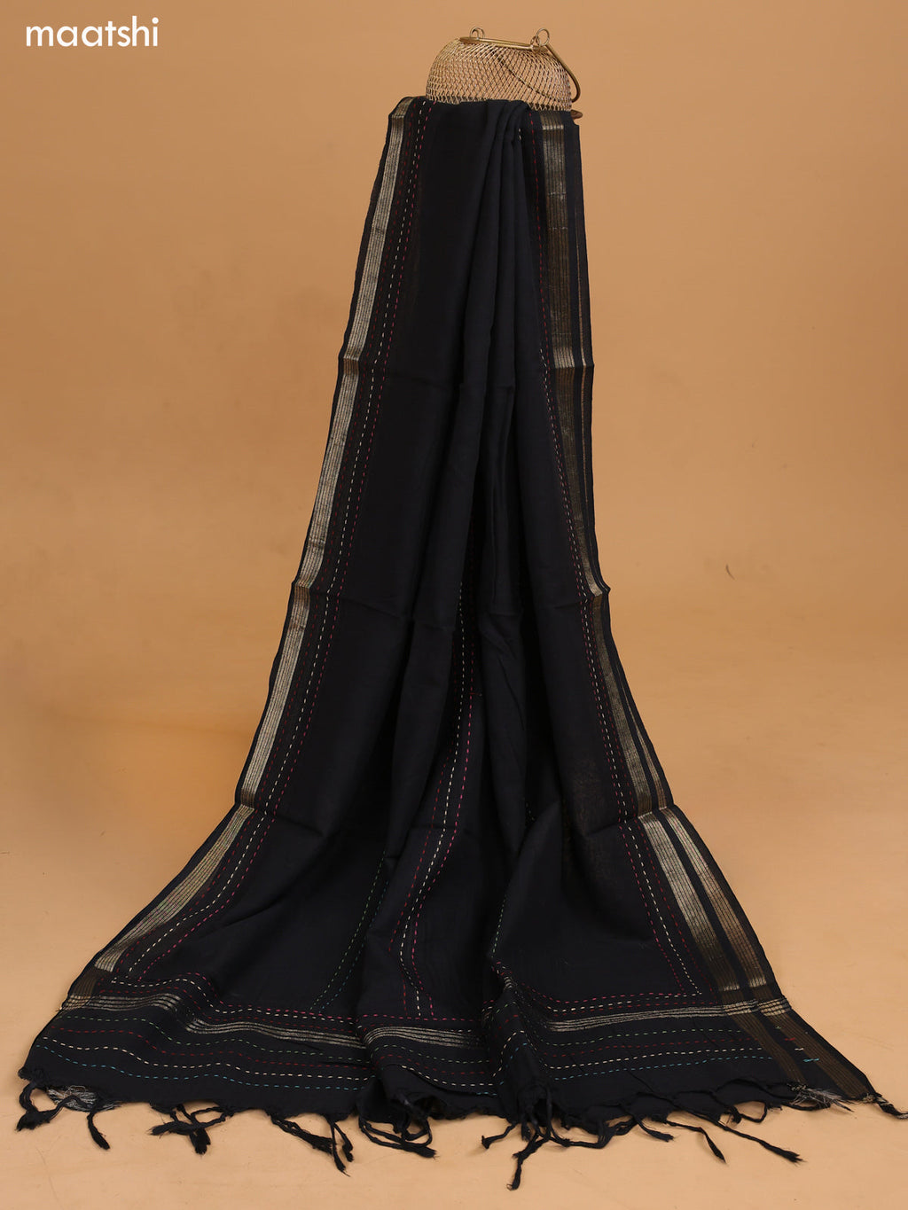 Sandal and Black Chanderi Dress Material With Kantha Stitch Work Pattern and Bottom & Dupatta