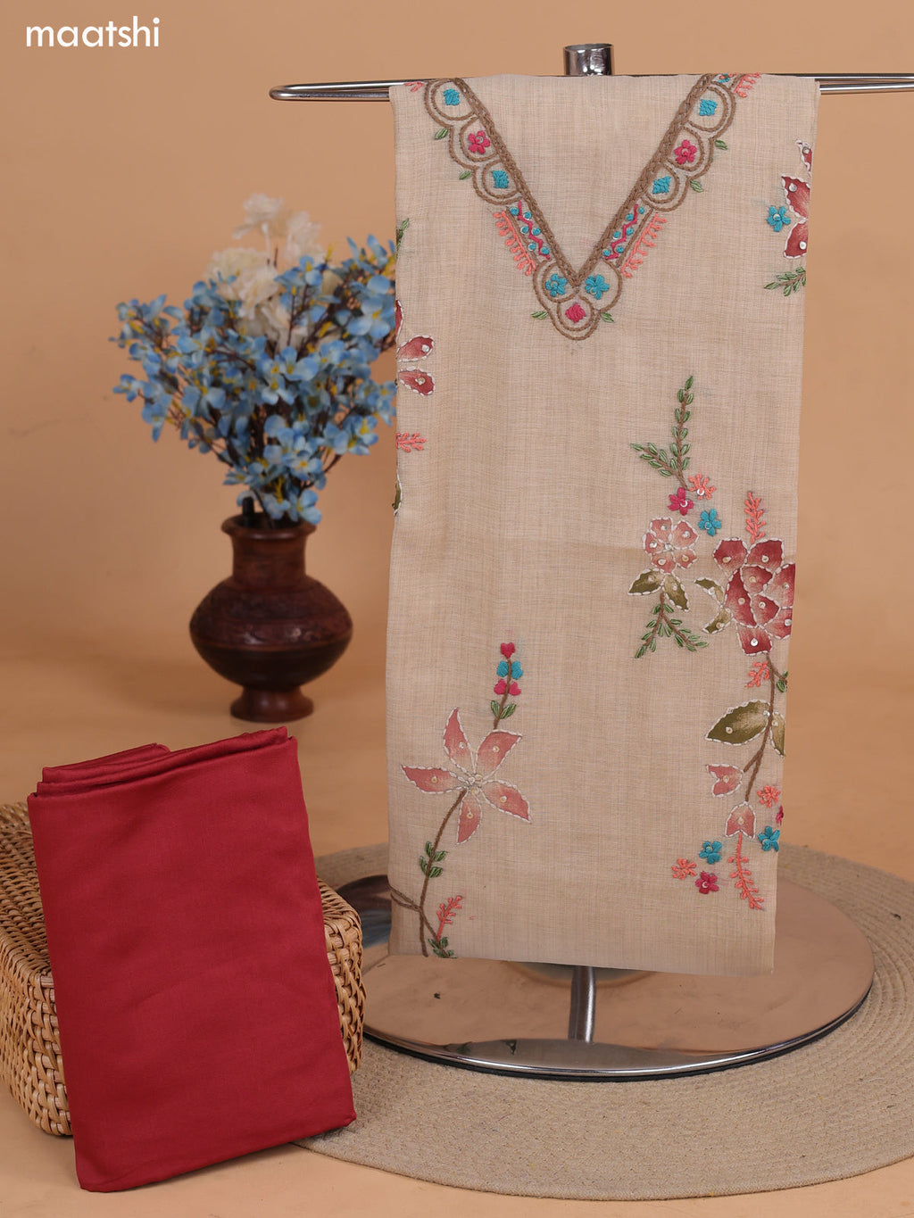 Sandal and Dark Rust Chanderi Dress Material With Kantha Stitch Work Pattern and Bottom & Dupatta