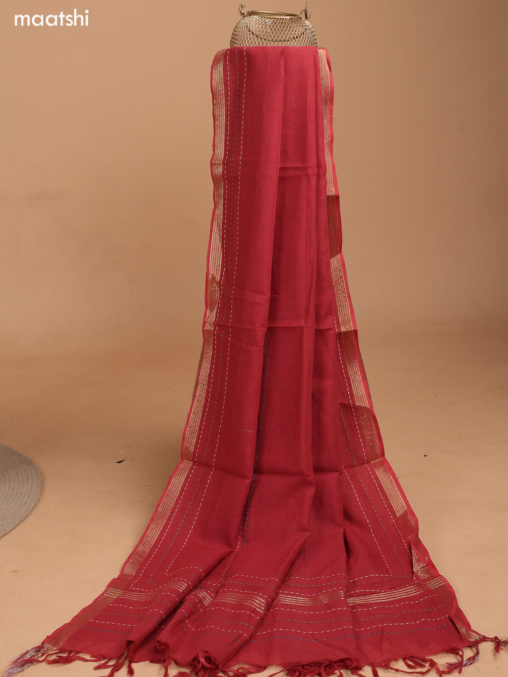 Sandal and Dark Rust Chanderi Dress Material With Kantha Stitch Work Pattern and Bottom & Dupatta