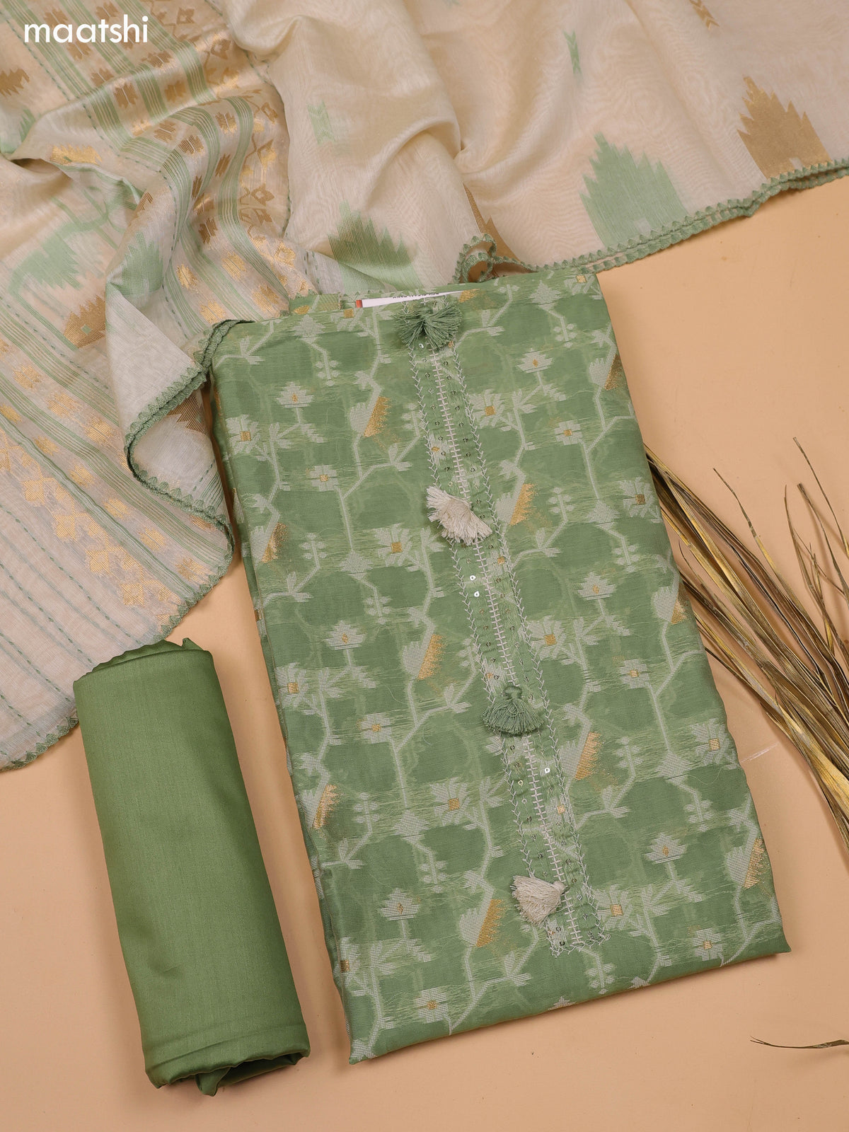 Elaichi Green and Beige Chanderi Dress Material With Thread & Zari Weaves and Bottom & Dupatta