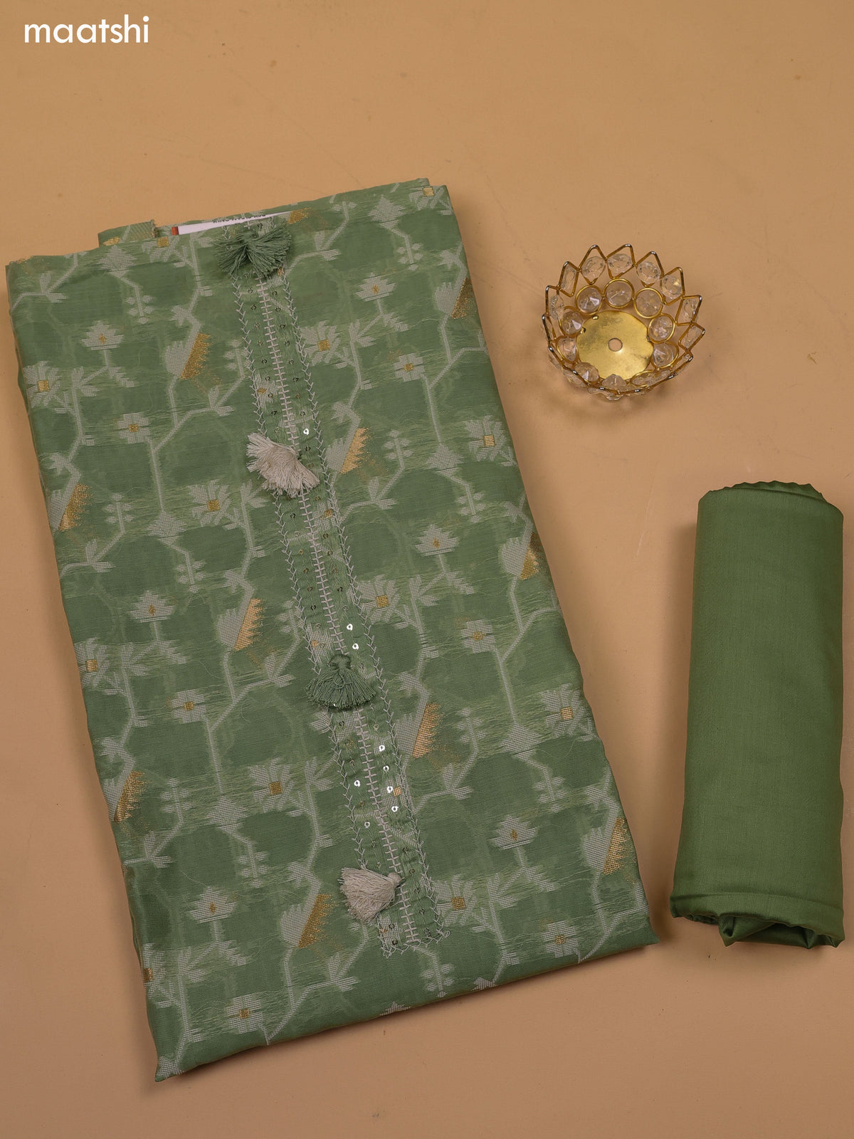 Elaichi Green and Beige Chanderi Dress Material With Thread & Zari Weaves and Bottom & Dupatta