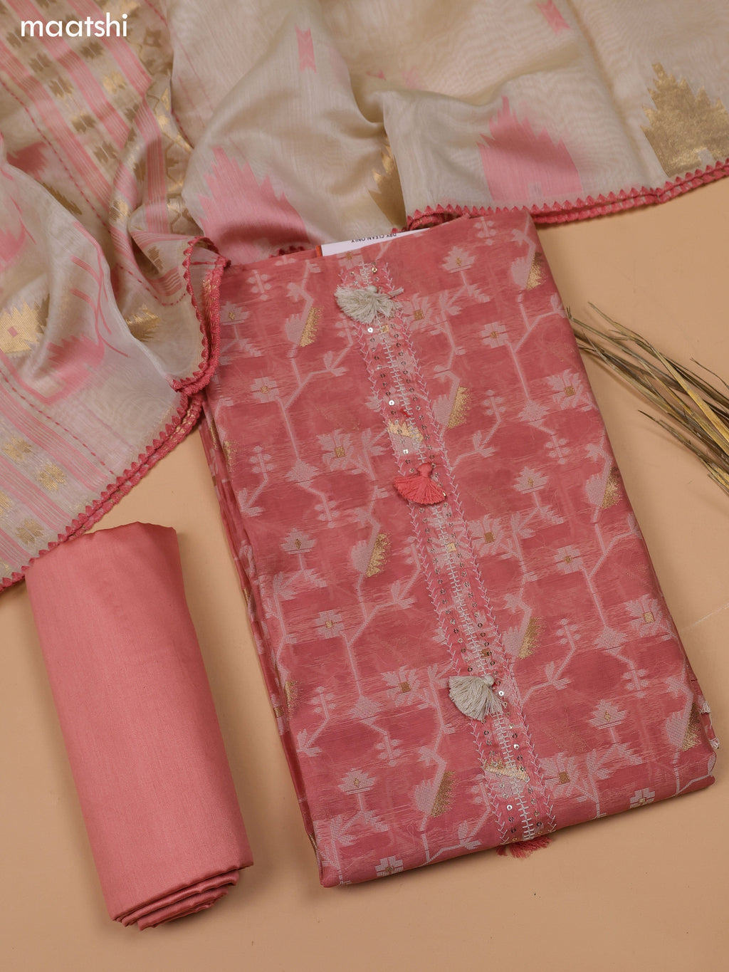 Peach and Beige Chanderi Dress Material With Thread & Zari Weaves and Bottom & Dupatta