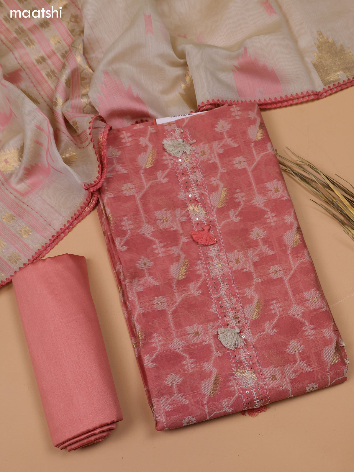 Peach and Beige Chanderi Dress Material With Thread & Zari Weaves and Bottom & Dupatta