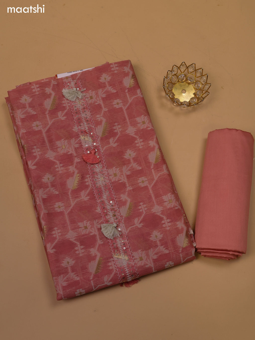 Peach and Beige Chanderi Dress Material With Thread & Zari Weaves and Bottom & Dupatta