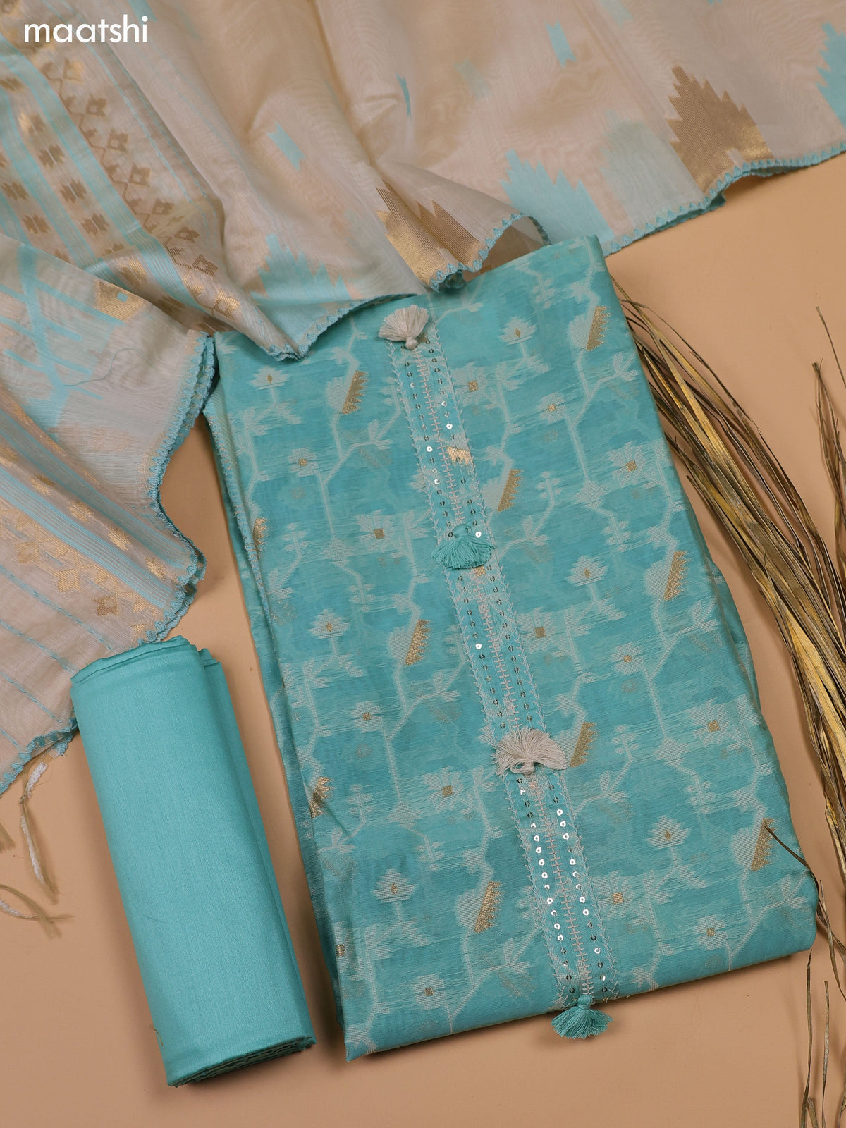 Pastel Blue and Beige Chanderi Dress Material With Thread & Zari Weaves and Bottom & Dupatta