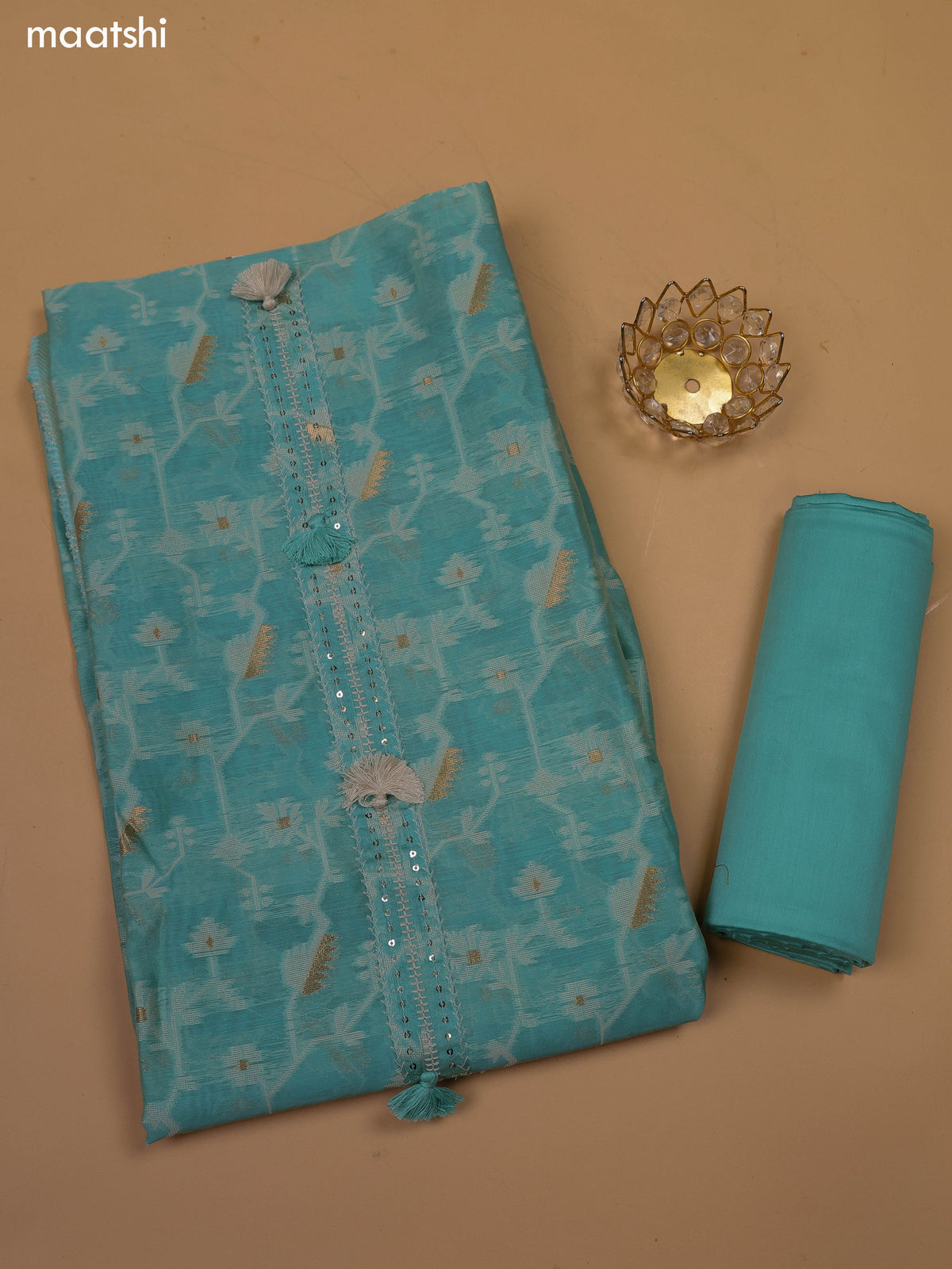 Pastel Blue and Beige Chanderi Dress Material With Thread & Zari Weaves and Bottom & Dupatta