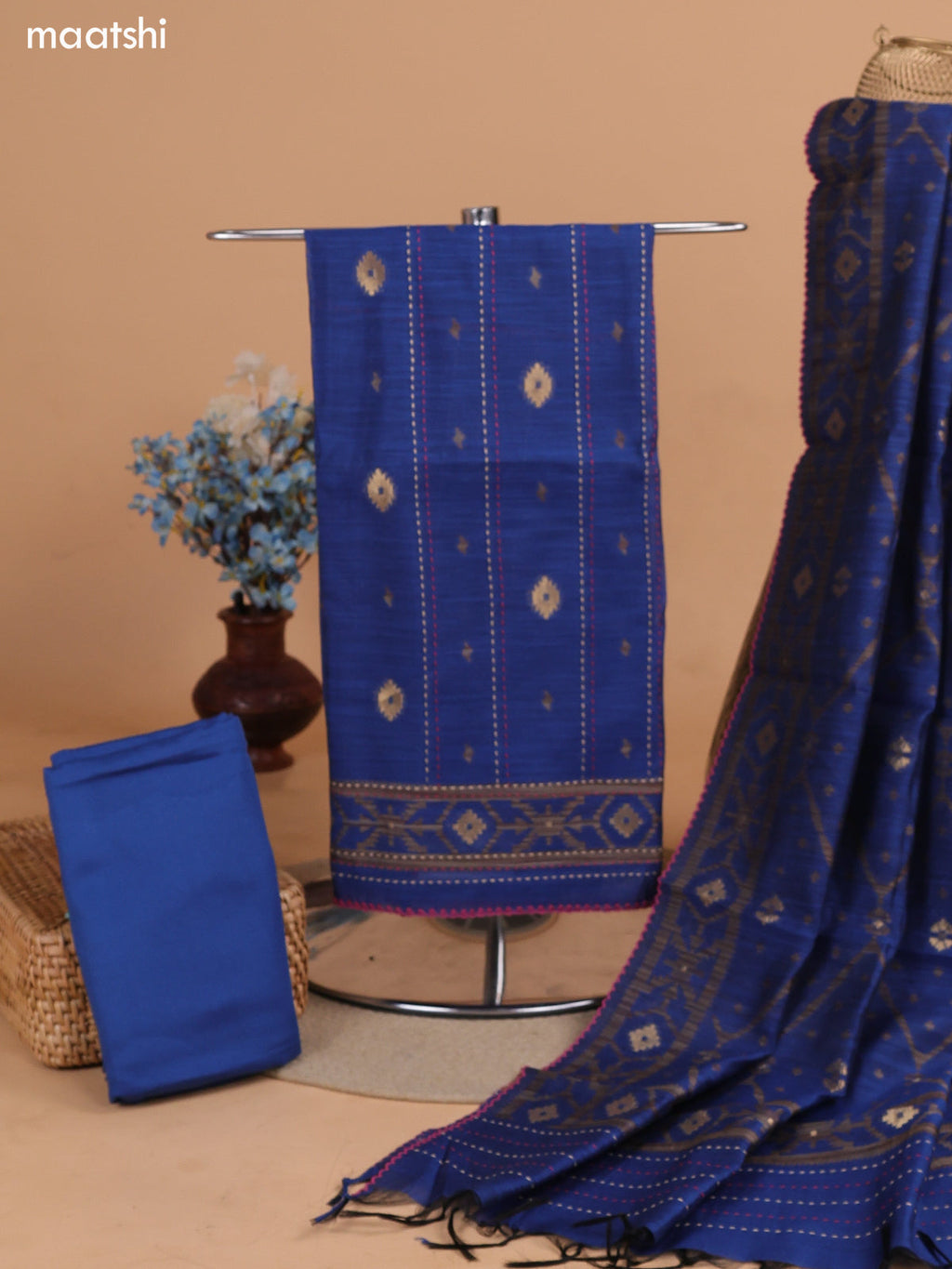 Magenta Pink and Blue Chanderi Dress Material With Zari Buttas & Kantha Stitch Work Pattern and Bottom & Dupatta