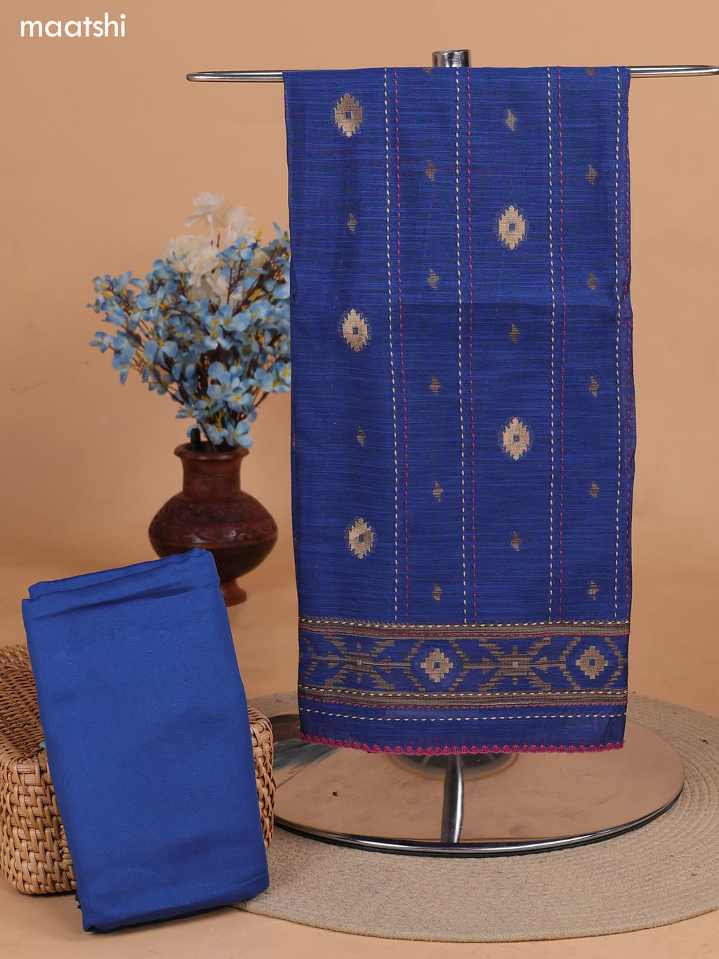 Magenta Pink and Blue Chanderi Dress Material With Zari Buttas & Kantha Stitch Work Pattern and Bottom & Dupatta