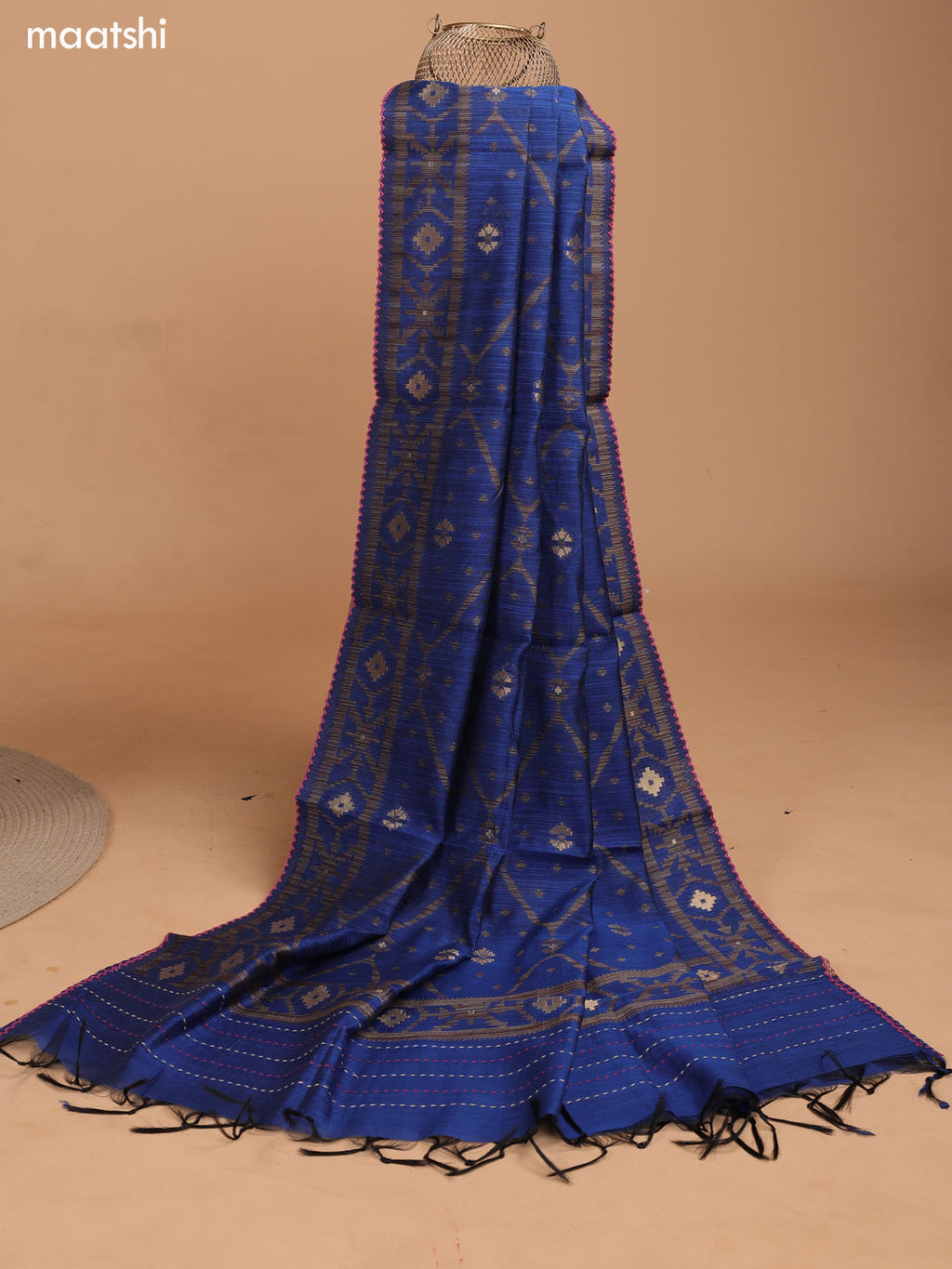Magenta Pink and Blue Chanderi Dress Material With Zari Buttas & Kantha Stitch Work Pattern and Bottom & Dupatta