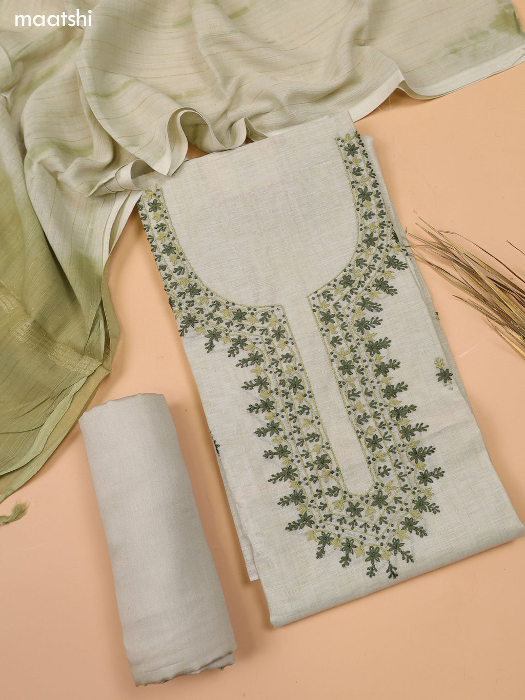 Mild Elaichi Green Chanderi Dress Material With Kantha Stitch Work Neck Pattern and Bottom & Dupatta