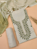 Mild Elaichi Green Chanderi Dress Material With Kantha Stitch Work Neck Pattern and Bottom & Dupatta
