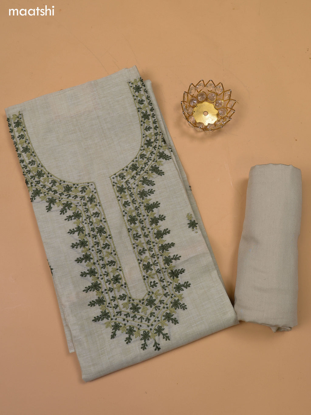 Mild Elaichi Green Chanderi Dress Material With Kantha Stitch Work Neck Pattern and Bottom & Dupatta
