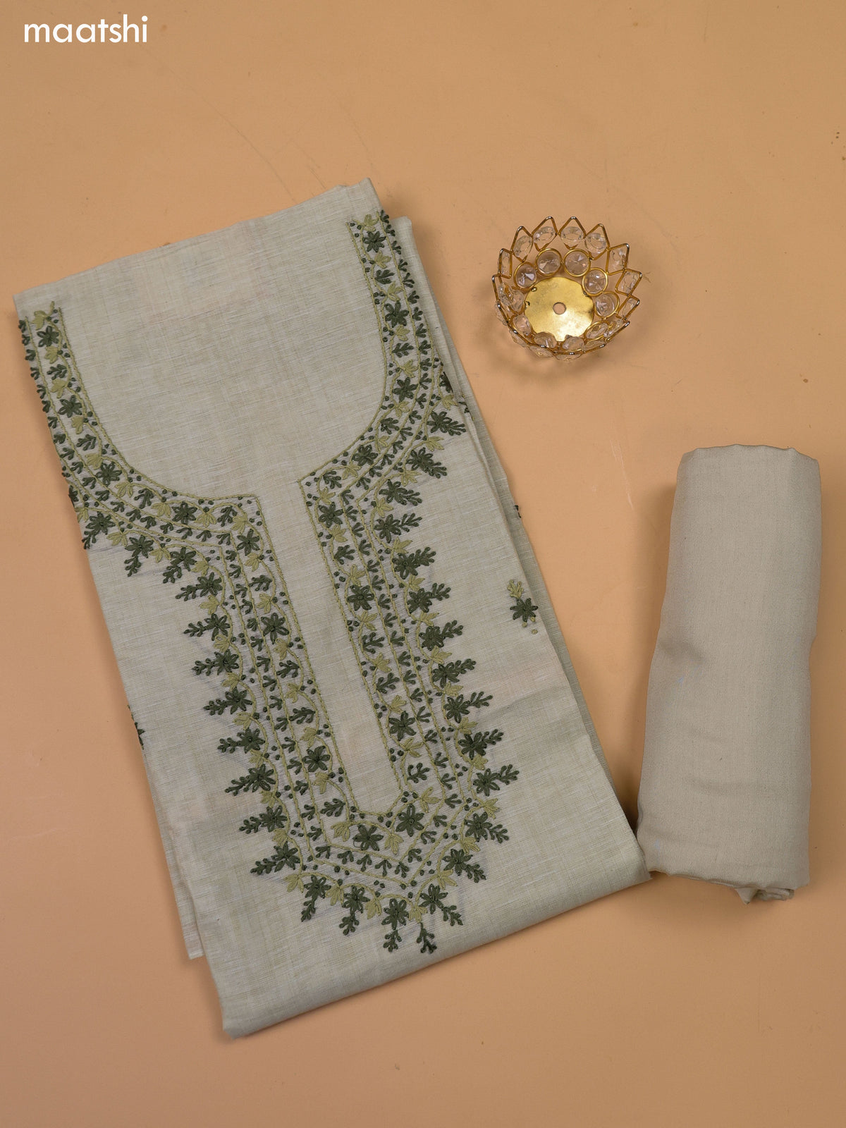 Mild Elaichi Green Chanderi Dress Material With Kantha Stitch Work Neck Pattern and Bottom & Dupatta