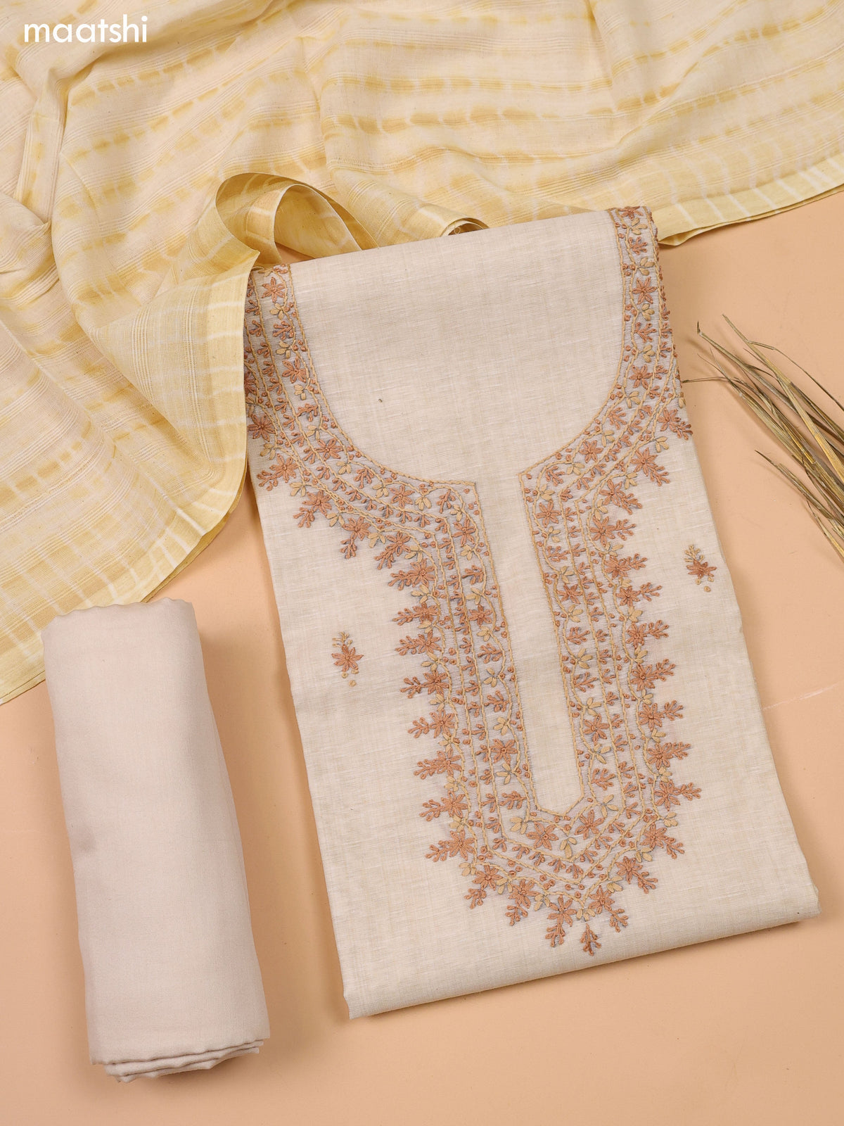 Sandal Chanderi Dress Material With Kantha Stitch Work Neck Pattern and Bottom & Dupatta