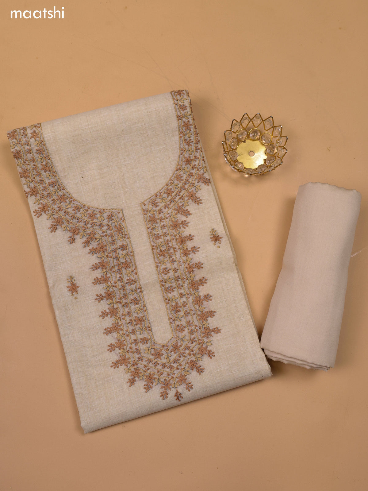 Sandal Chanderi Dress Material With Kantha Stitch Work Neck Pattern and Bottom & Dupatta