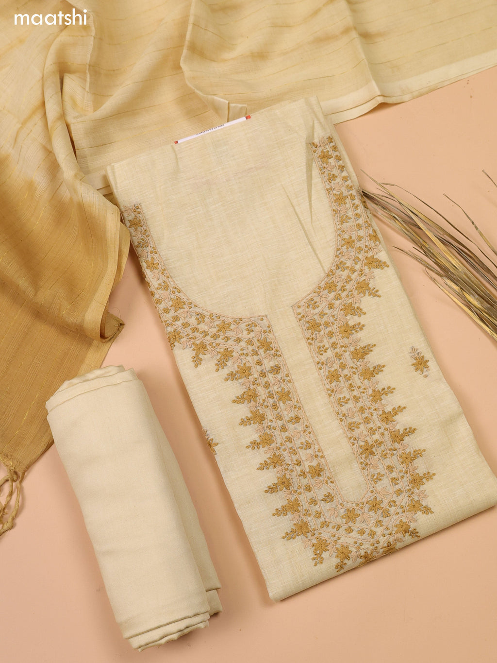 Pastel Yellow Chanderi Dress Material With Kantha Stitch Work Neck Pattern and Bottom & Dupatta