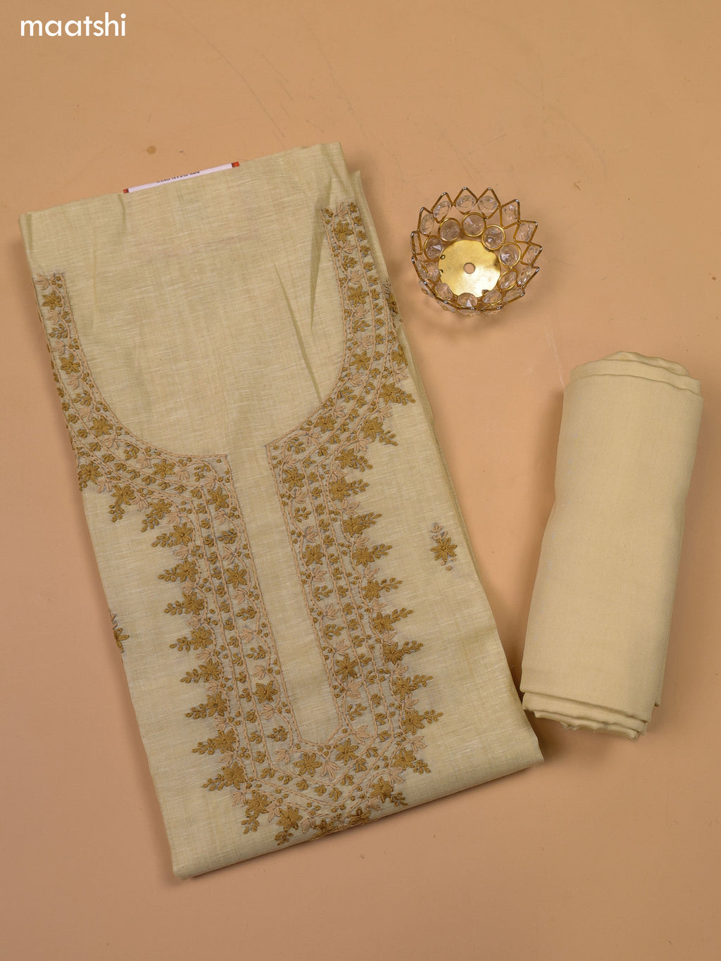 Pastel Yellow Chanderi Dress Material With Kantha Stitch Work Neck Pattern and Bottom & Dupatta