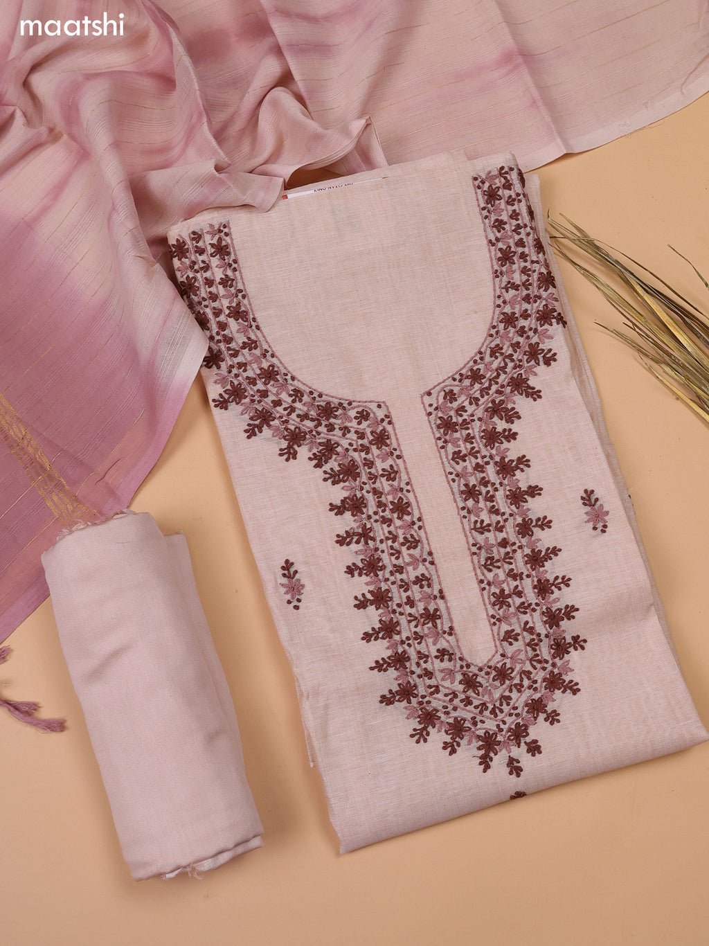 Cream Chanderi Dress Material With Kantha Stitch Work Neck Pattern and Bottom & Dupatta