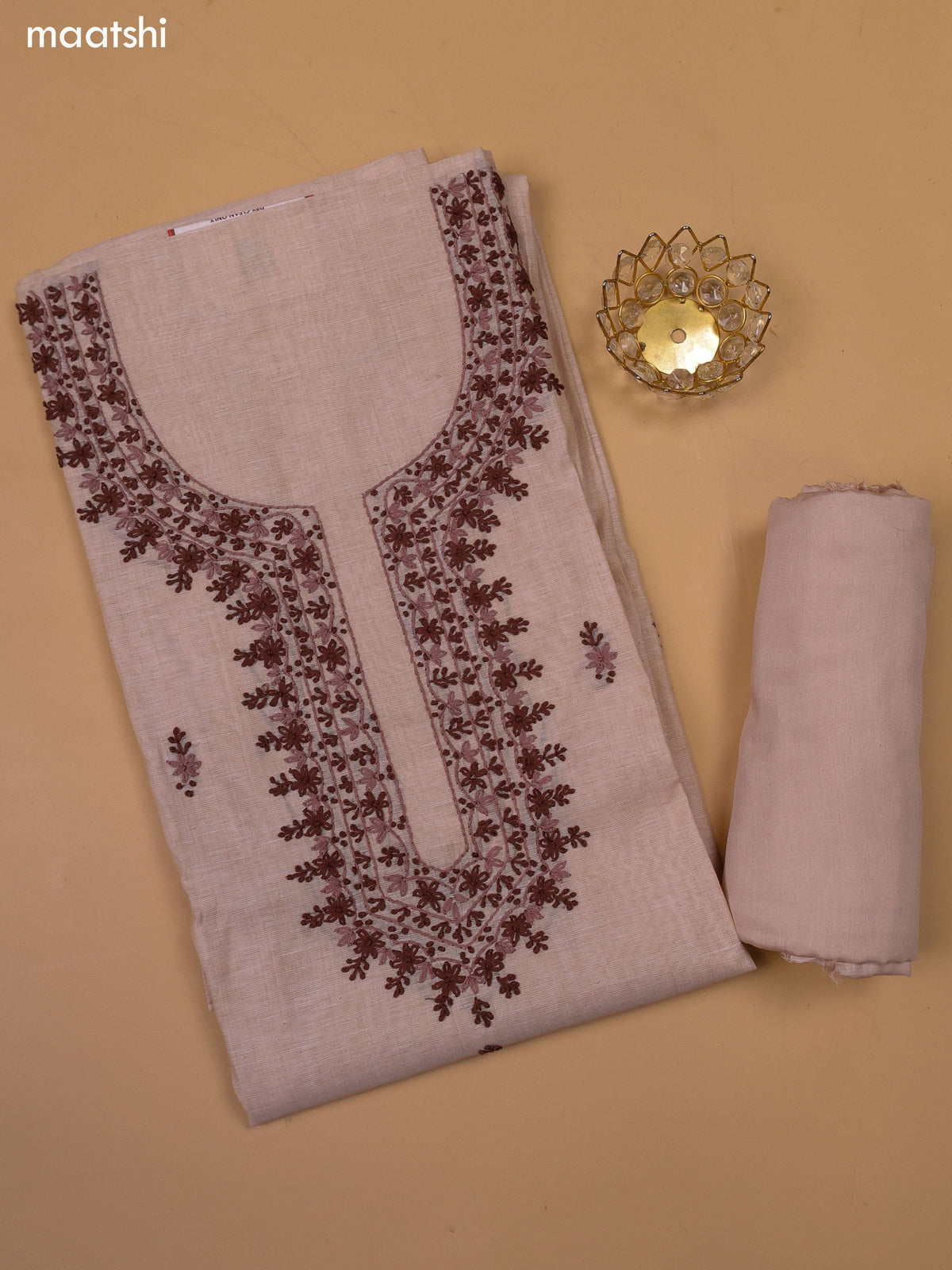 Cream Chanderi Dress Material With Kantha Stitch Work Neck Pattern and Bottom & Dupatta