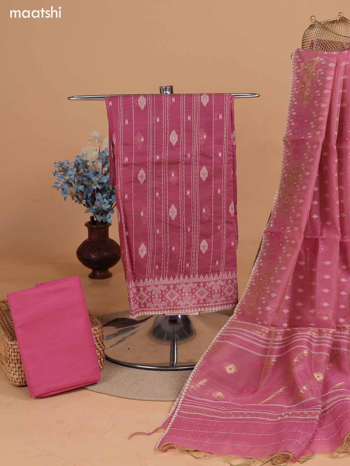 Mauve Pink Chanderi Dress Material With Allover Kantha Stitch Work Pattern and Bottom & Dupatta