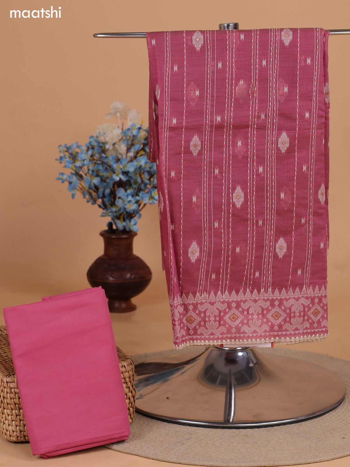 Mauve Pink Chanderi Dress Material With Allover Kantha Stitch Work Pattern and Bottom & Dupatta