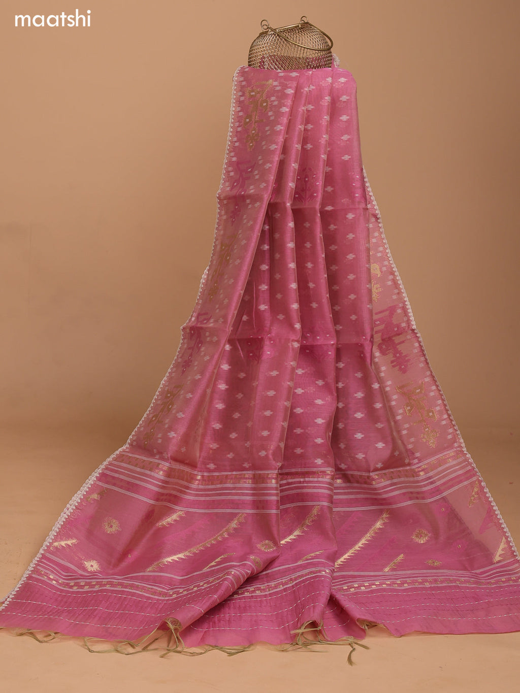 Mauve Pink Chanderi Dress Material With Allover Kantha Stitch Work Pattern and Bottom & Dupatta