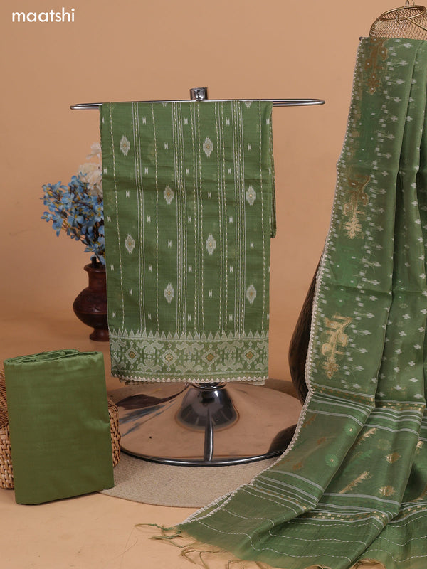Green Chanderi Dress Material With Allover Kantha Stitch Work Pattern and Bottom & Dupatta