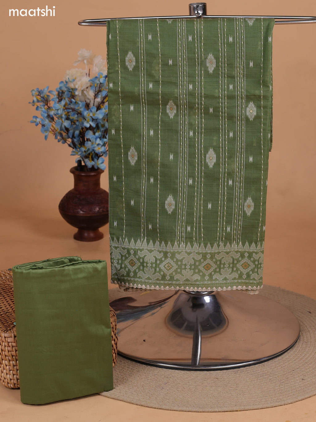 Green Chanderi Dress Material With Allover Kantha Stitch Work Pattern and Bottom & Dupatta