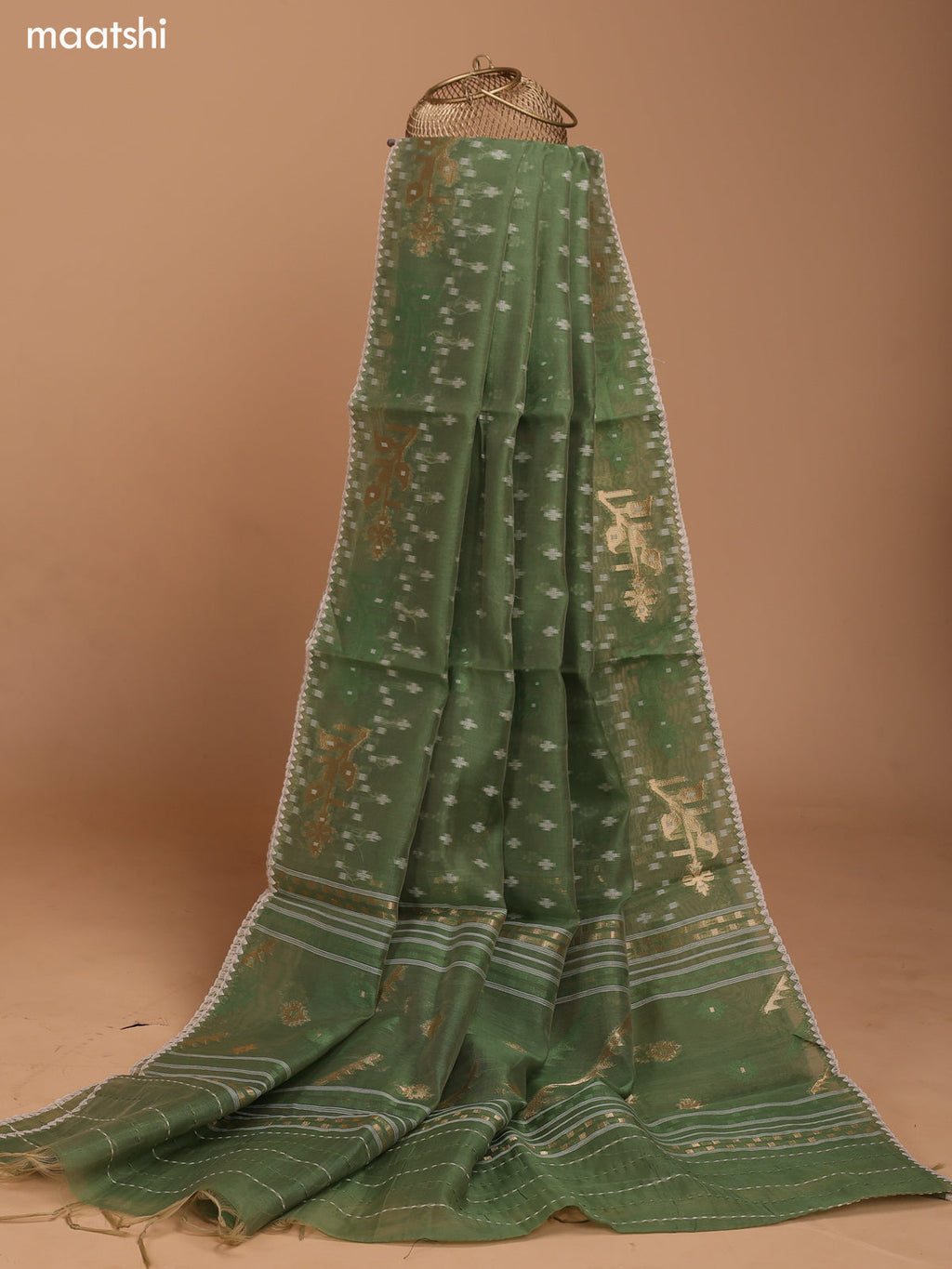 Green Chanderi Dress Material With Allover Kantha Stitch Work Pattern and Bottom & Dupatta