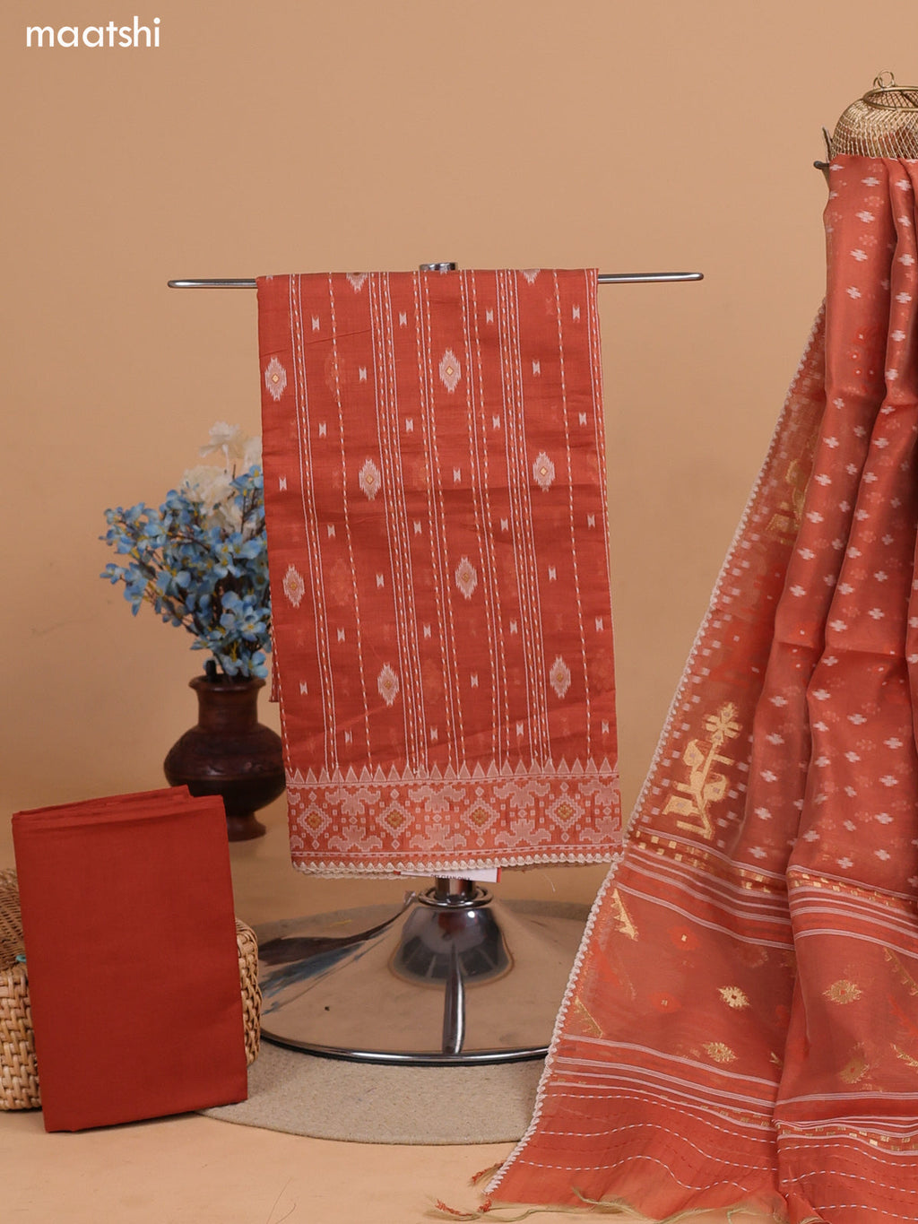 Rust Shade Chanderi Dress Material With Allover Kantha Stitch Work Pattern and Bottom & Dupatta