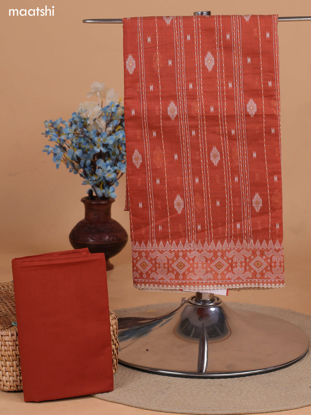 Rust Shade Chanderi Dress Material With Allover Kantha Stitch Work Pattern and Bottom & Dupatta