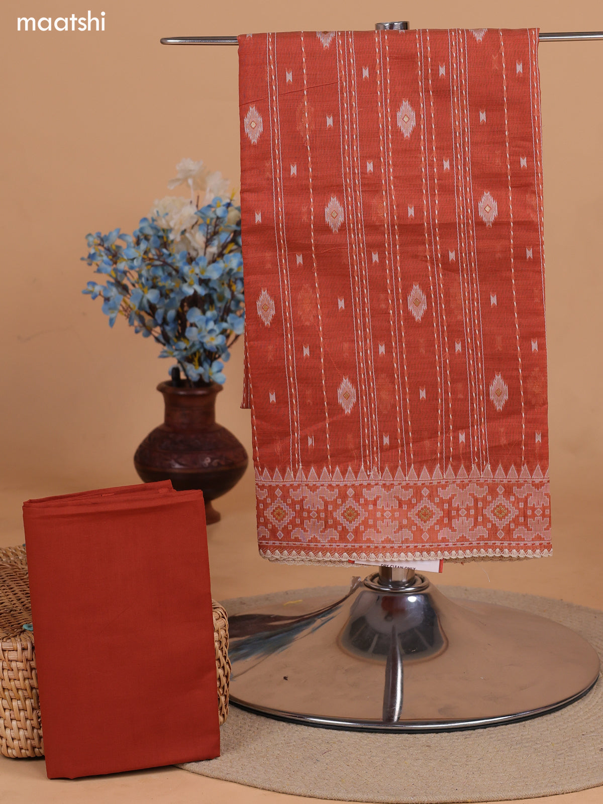 Rust Shade Chanderi Dress Material With Allover Kantha Stitch Work Pattern and Bottom & Dupatta