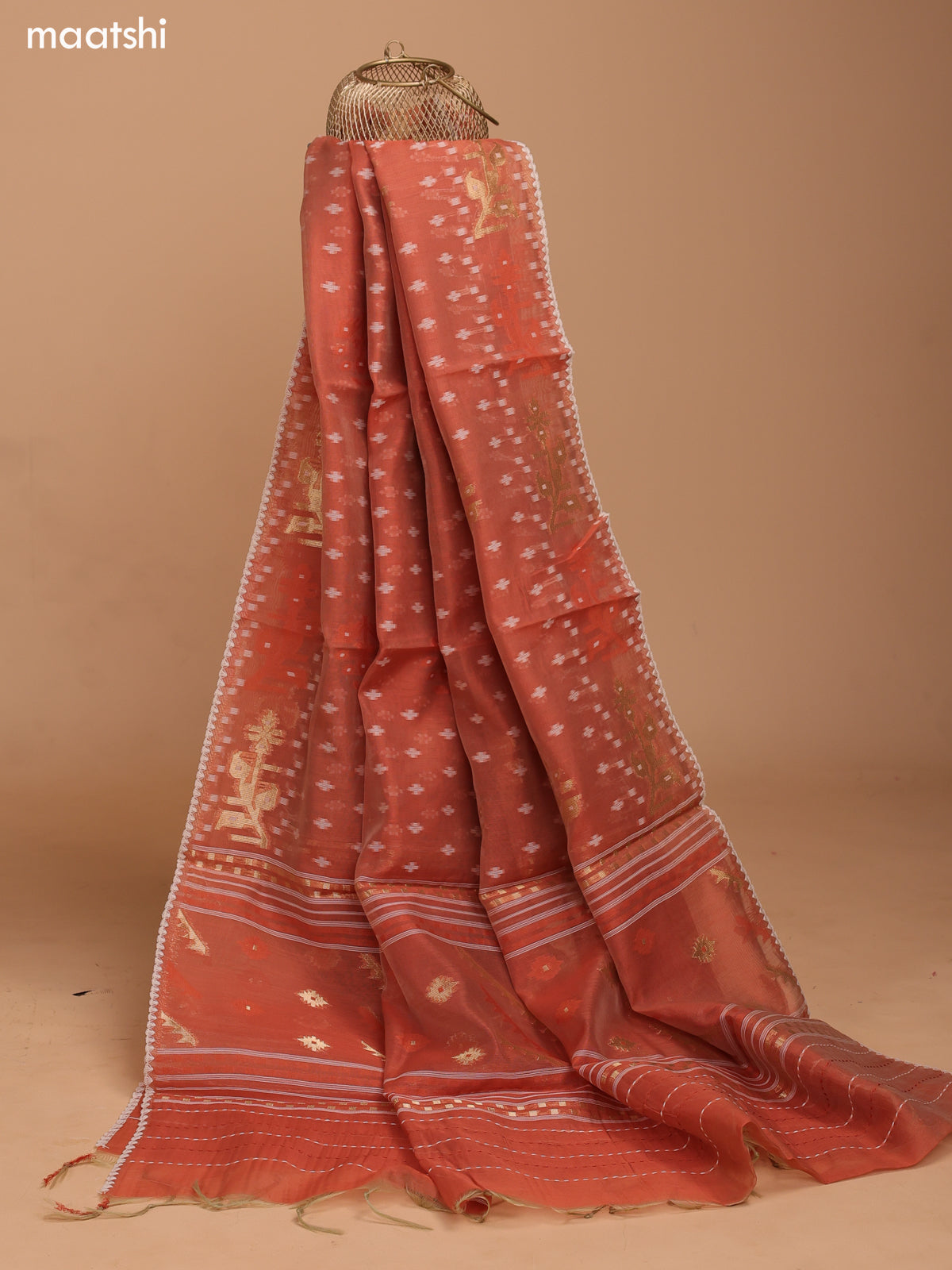 Rust Shade Chanderi Dress Material With Allover Kantha Stitch Work Pattern and Bottom & Dupatta