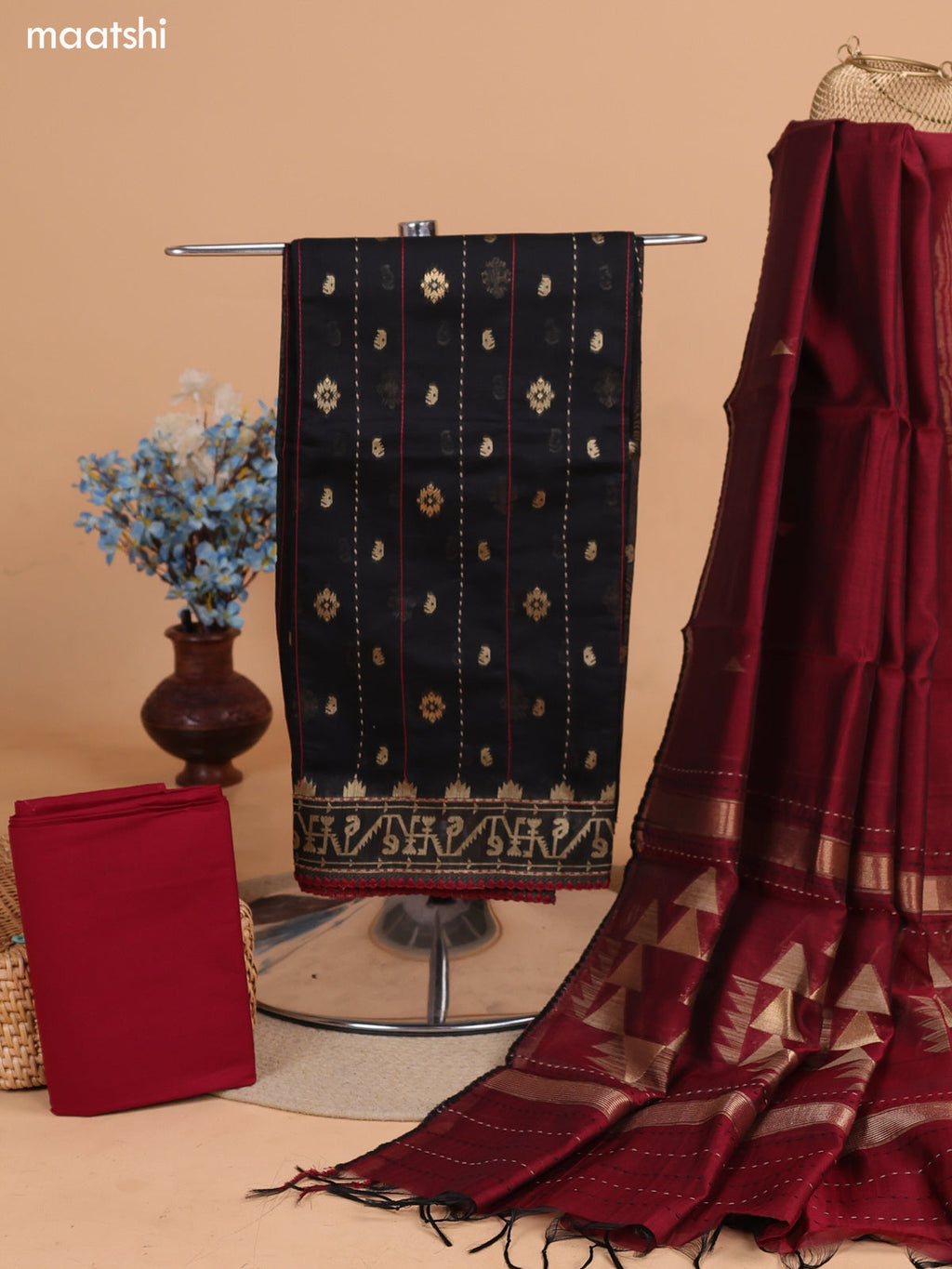 Black and Maroon Chanderi Dress Material With Thread Weaves & Kantha Stitch Work Pattern and Bottom & Dupatta