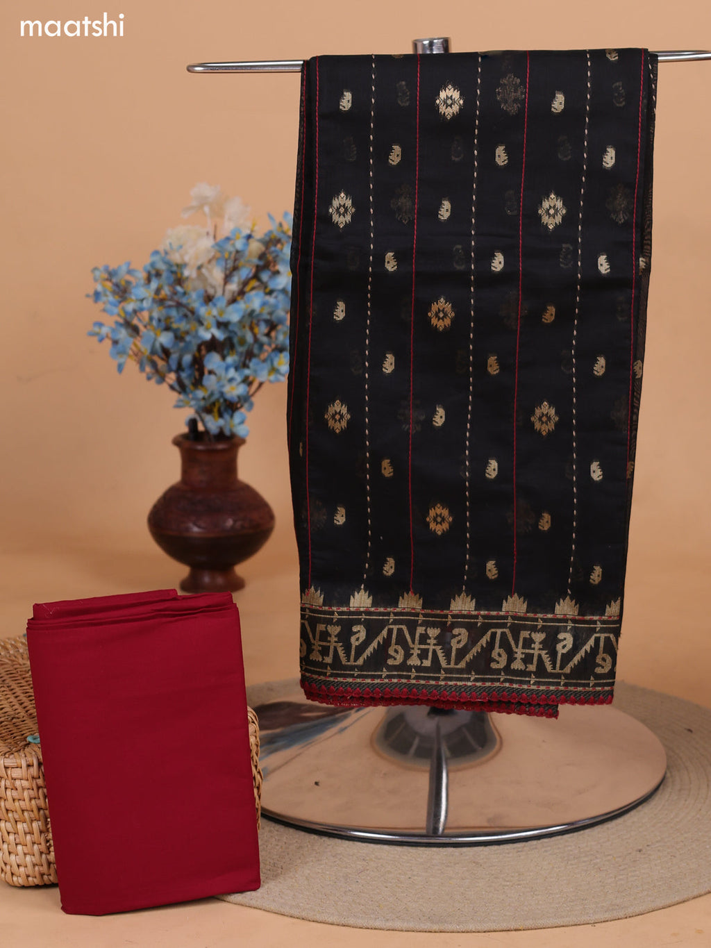 Black and Maroon Chanderi Dress Material With Thread Weaves & Kantha Stitch Work Pattern and Bottom & Dupatta