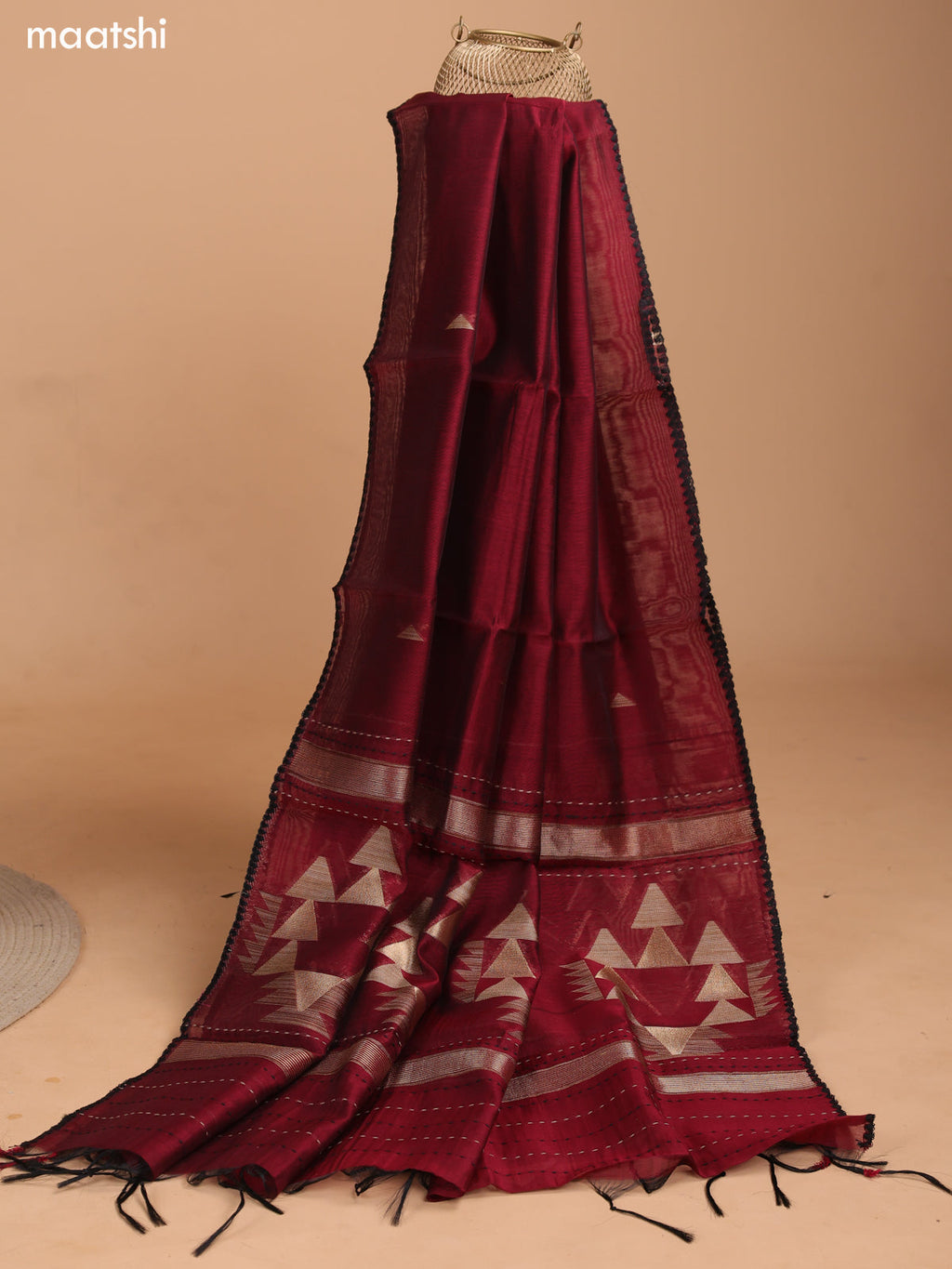 Black and Maroon Chanderi Dress Material With Thread Weaves & Kantha Stitch Work Pattern and Bottom & Dupatta