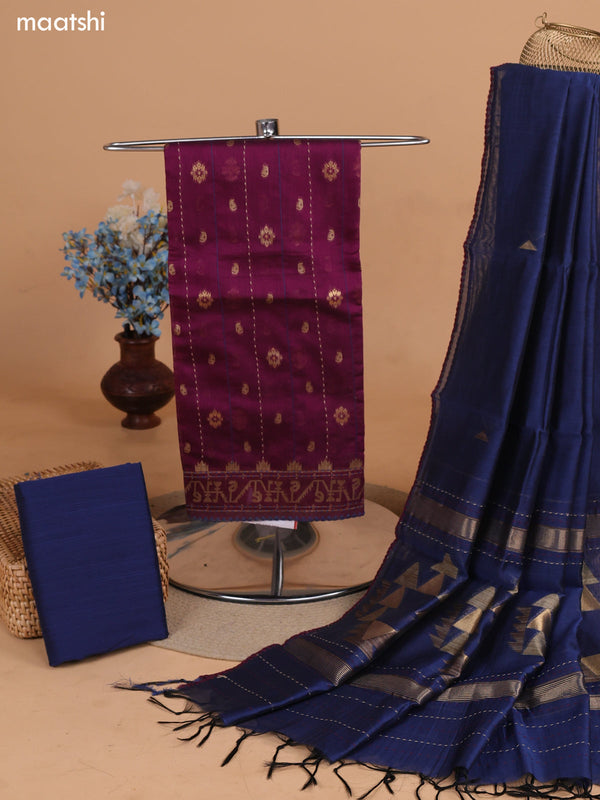 Dark Purple and Navy Blue Chanderi Dress Material With Thread Weaves & Kantha Stitch Work Pattern and Bottom & Dupatta