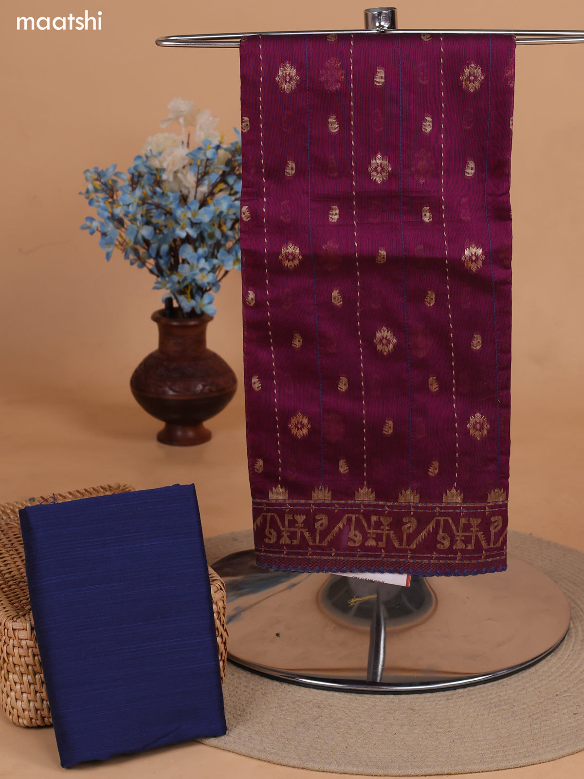 Dark Purple and Navy Blue Chanderi Dress Material With Thread Weaves & Kantha Stitch Work Pattern and Bottom & Dupatta