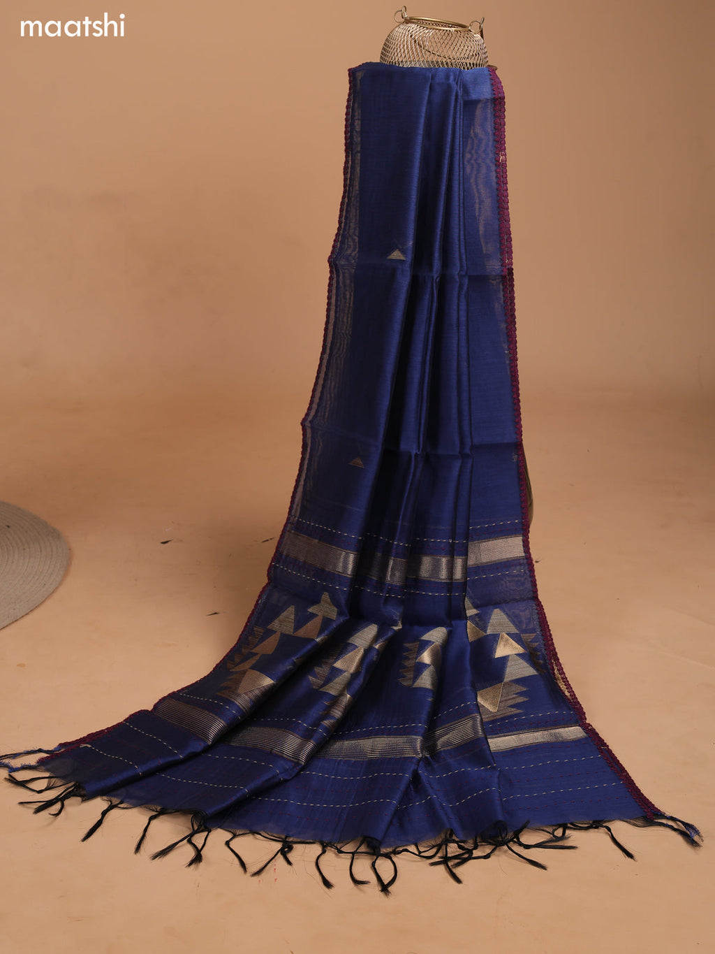 Dark Purple and Navy Blue Chanderi Dress Material With Thread Weaves & Kantha Stitch Work Pattern and Bottom & Dupatta